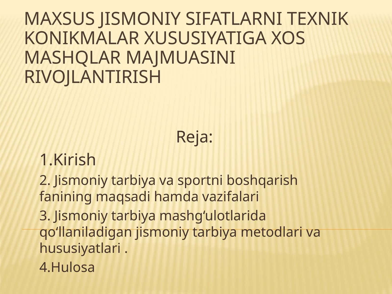 Maxsus jismoniy sifatlarni texnik konikmalar xususiyatiga xos mashqlar majmuasini rivojlantirish 1