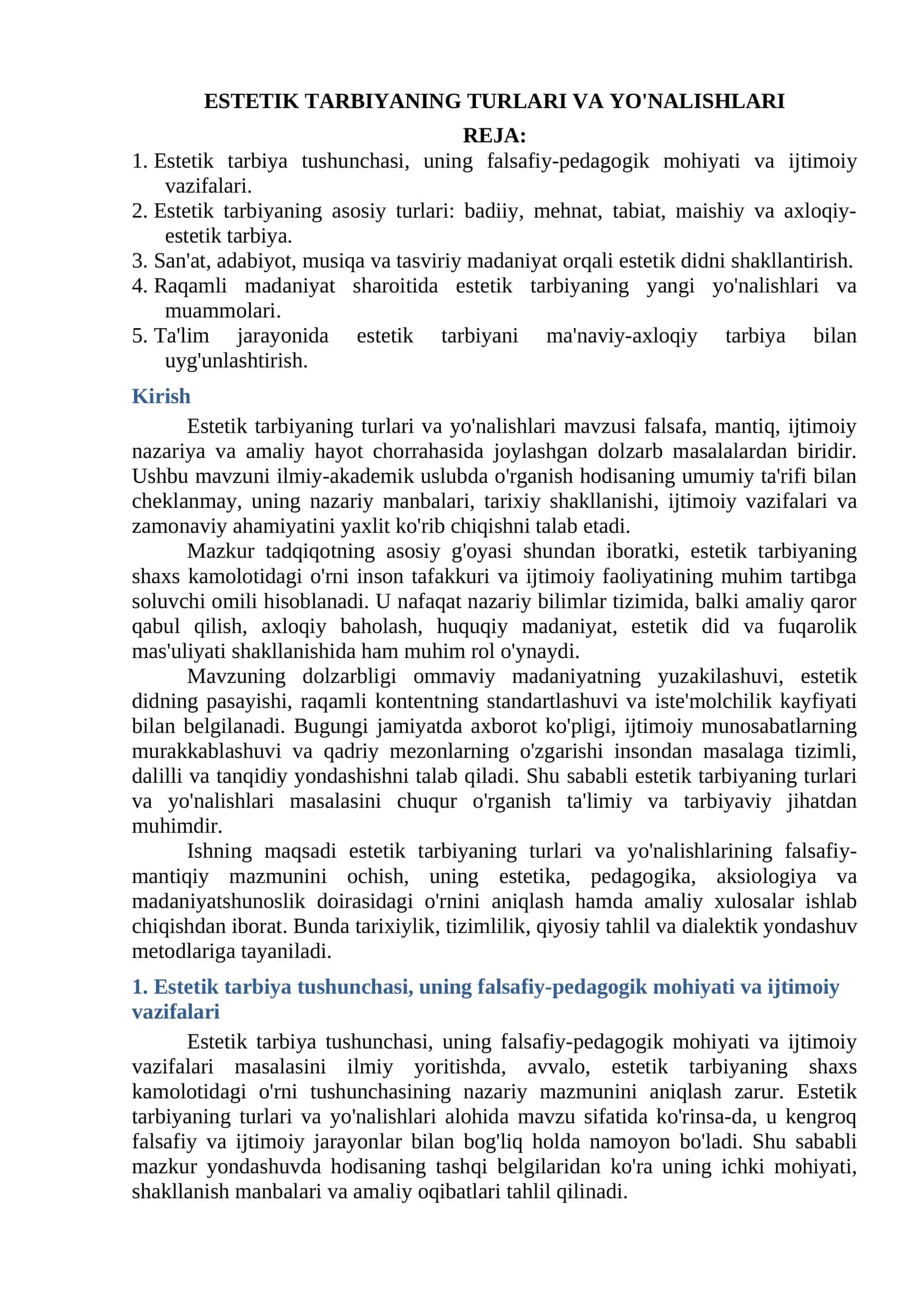 ESTETIK TARBIYANING TURLARI VA YO'NALISHLARI 1