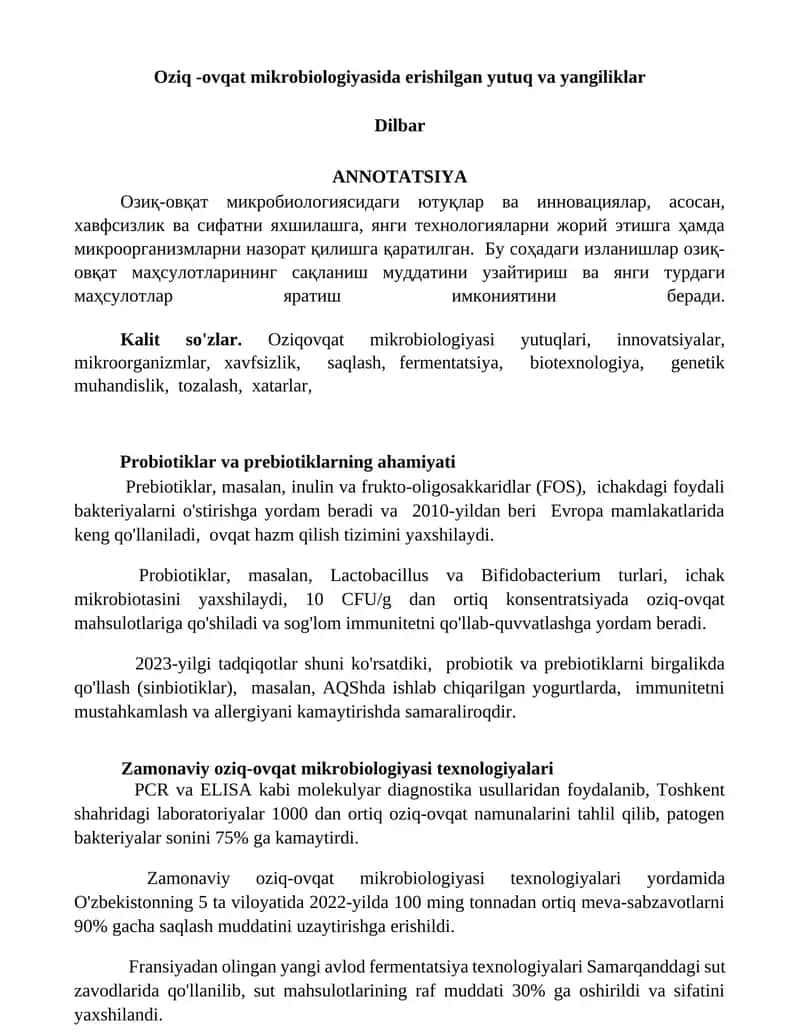 Oziq -ovqat mikrobiologiyasida erishilgan yutuq va yangiliklar 1