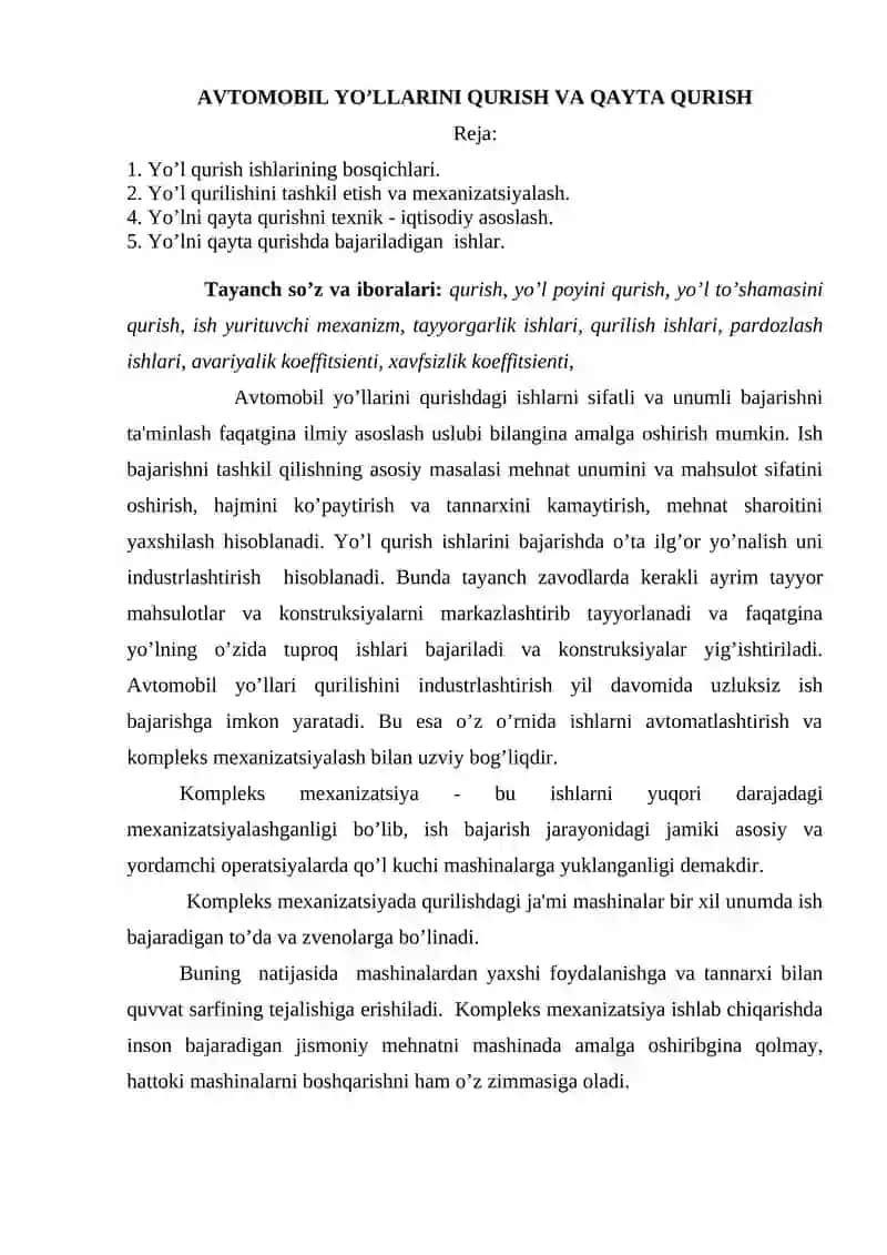 AVTOMOBIL YO’LLARINI QURISH VA QAYTA QURISH