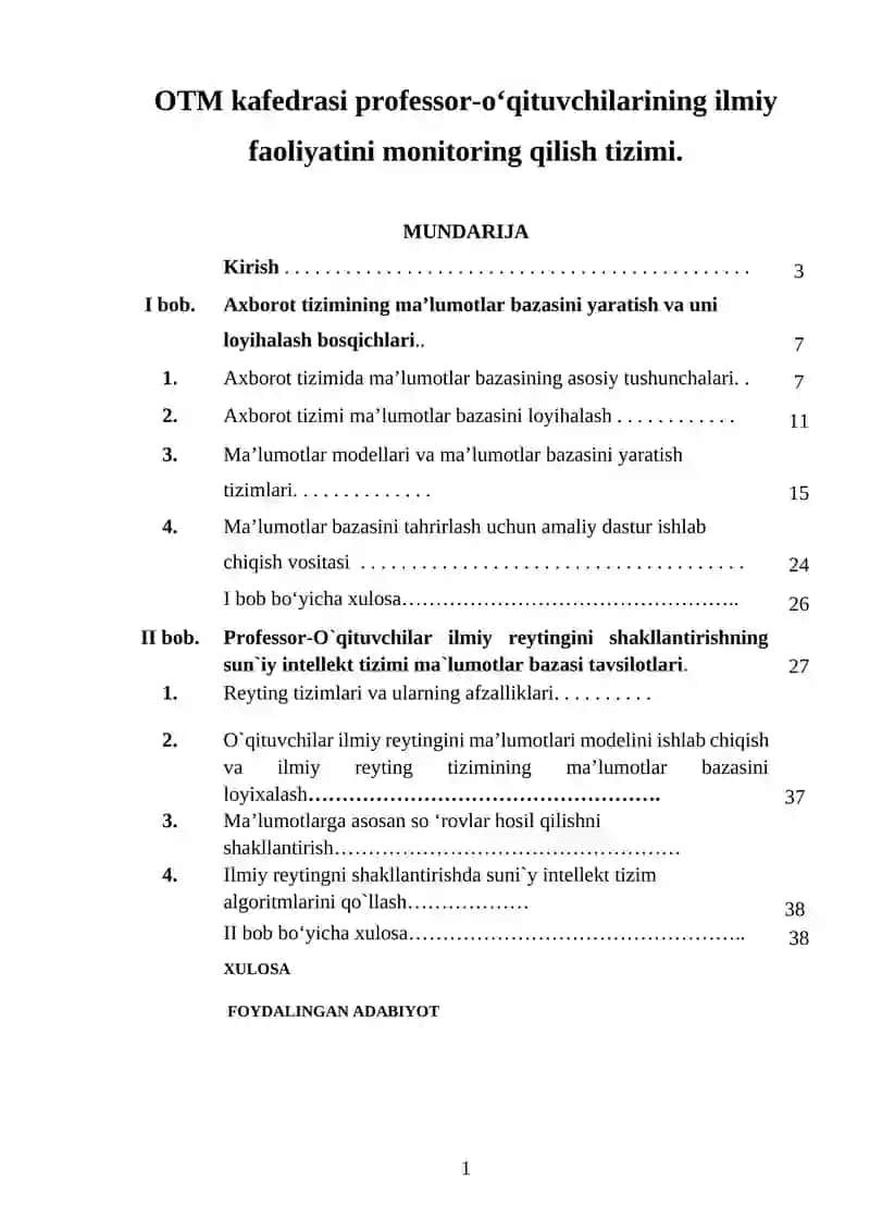OTM kafedrasi professor-o‘qituvchilarining ilmiy faoliyatini monitoring qilish tizimi