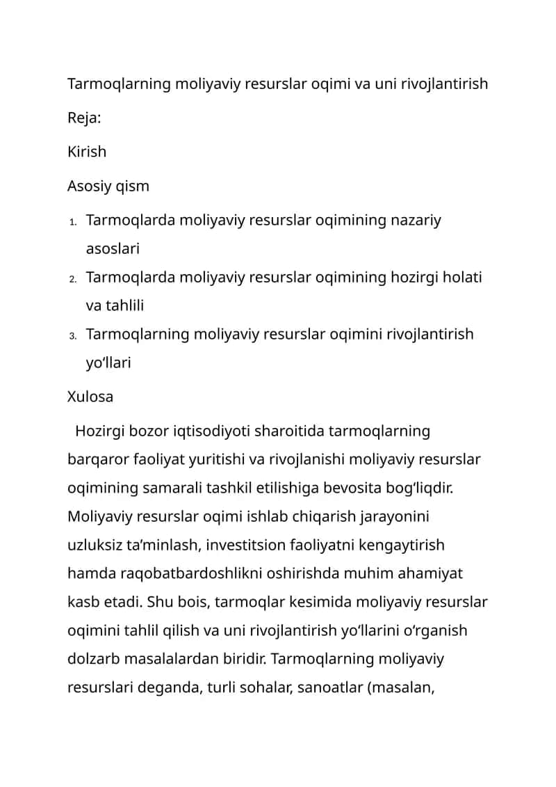 Tarmoqlarning moliyaviy resurslar oqimi va uni rivojlantirish 1