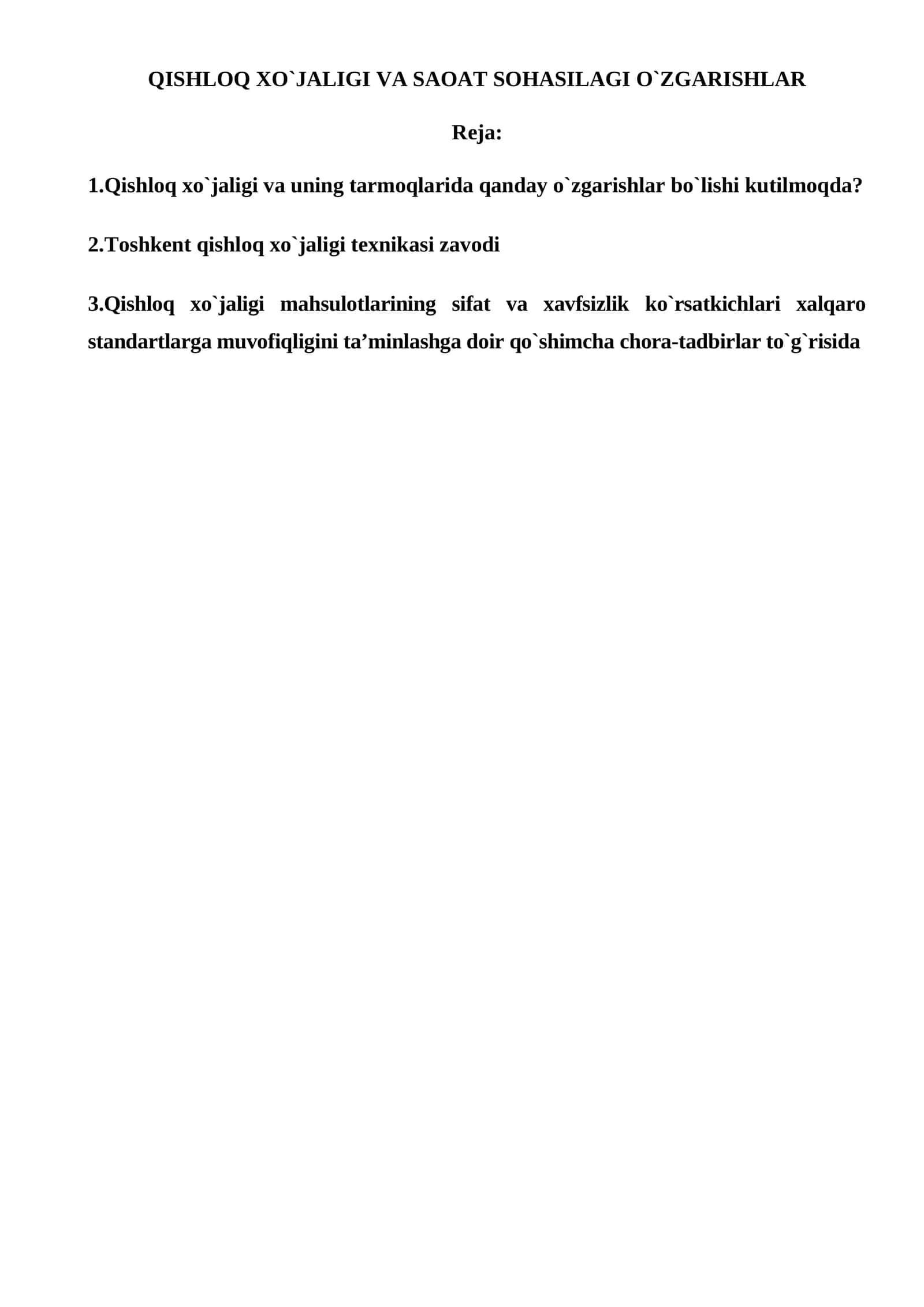 QISHLOQ XO`JALIGI VA SAOAT SOHASILAGI O`ZGARISHLAR 1