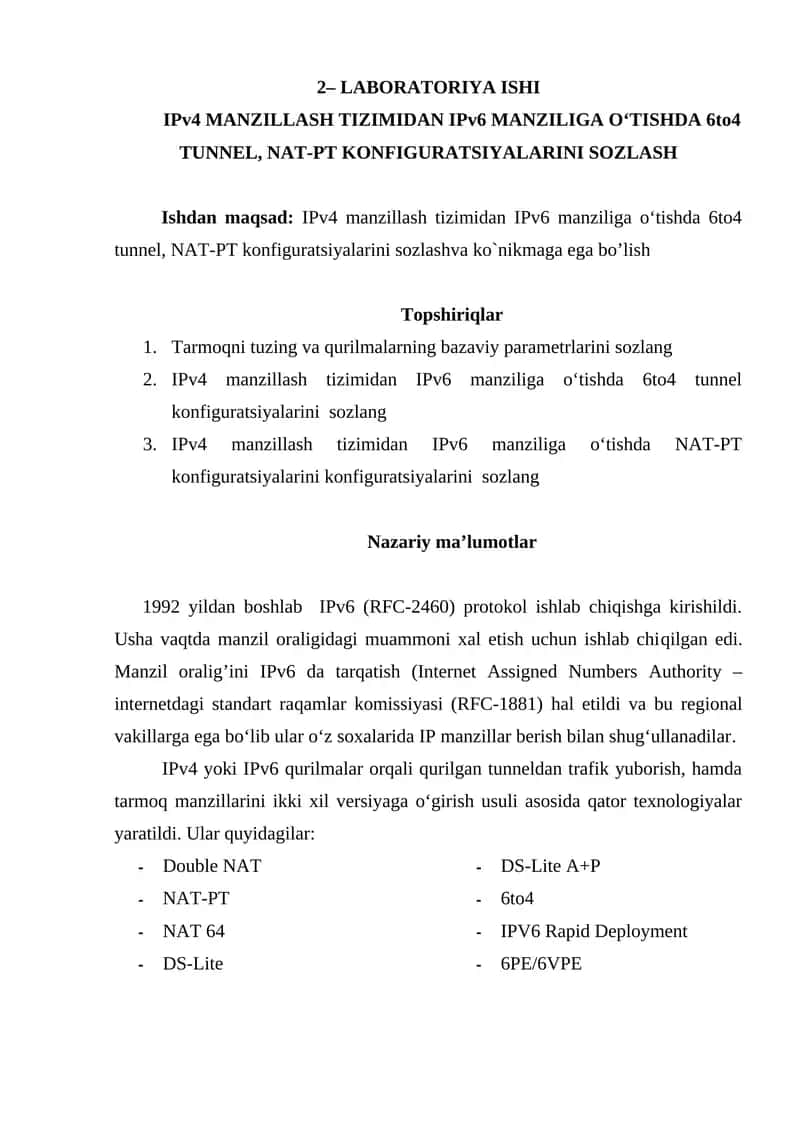 IPv6 Manziliga O‘tishda 6to4 Tunnel, NAT-PT Konfiguratsiyalari 1
