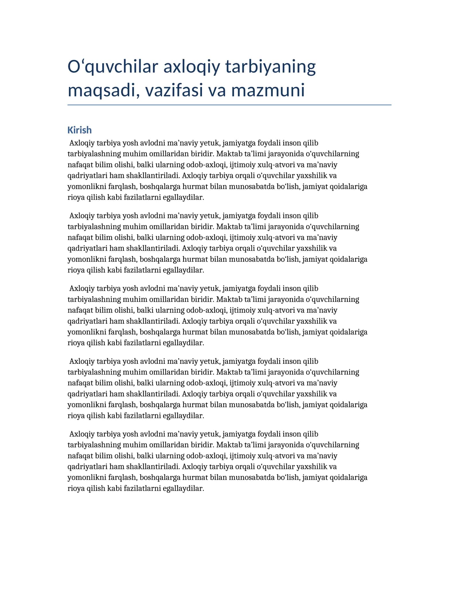 Oʻquvchilarda axloqiy tarbiya mazmuni, vazifalari 1