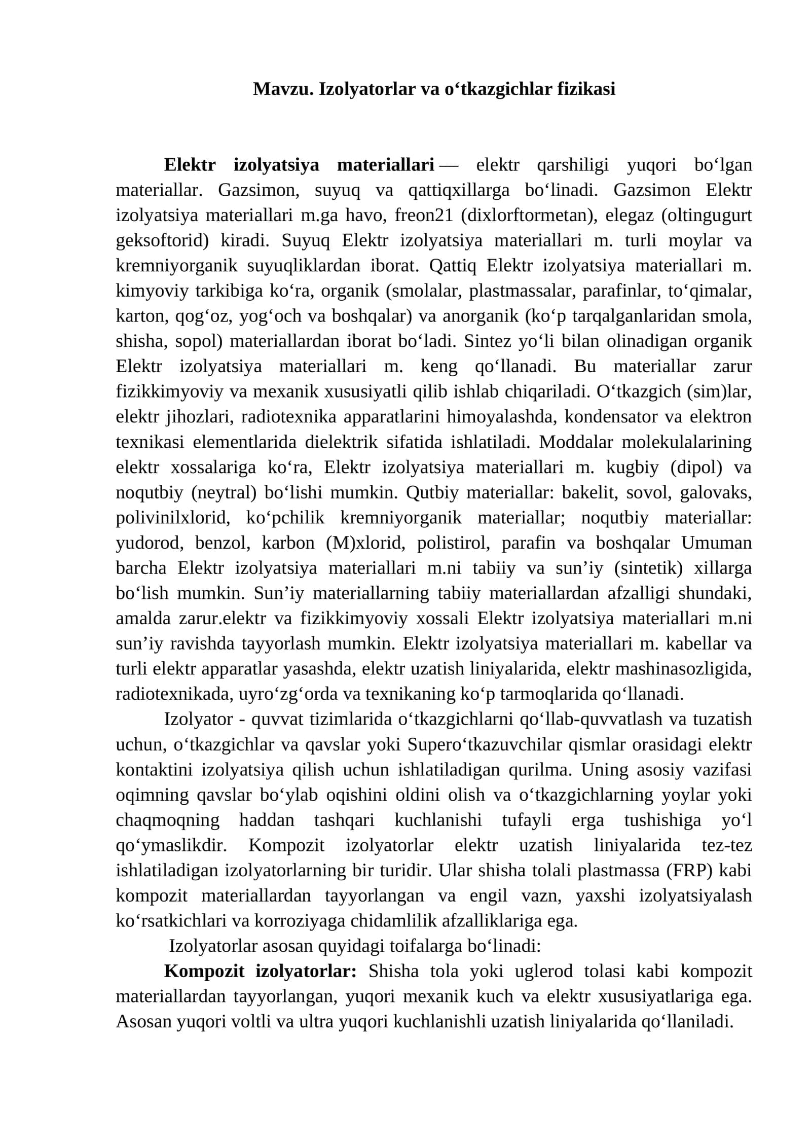 Izolyatorlar va oʻtkazgichlar fizikasi 1