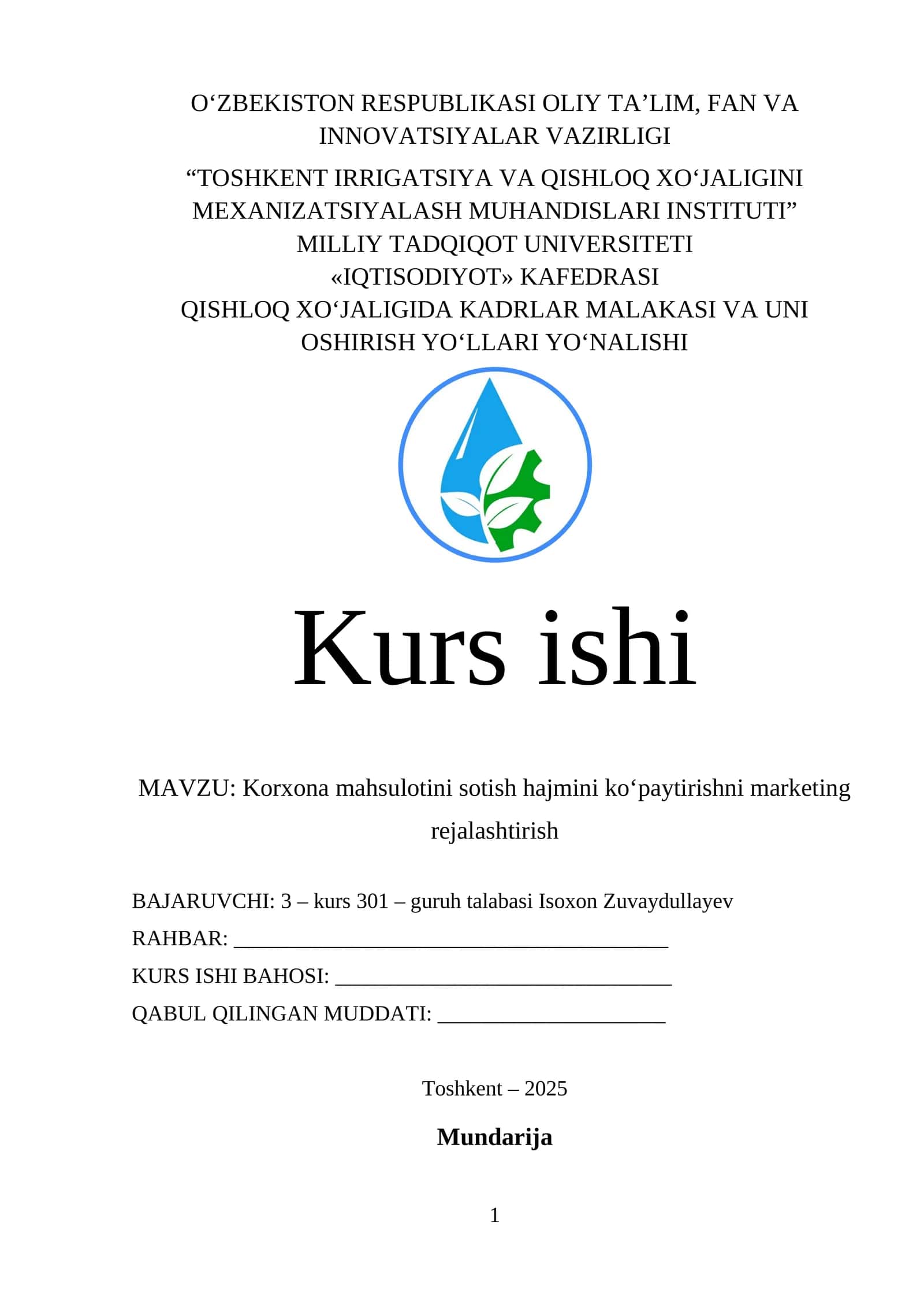 Korxona mahsulotini sotish hajmini koʻpaytirishni marketing rejalashtirish 1