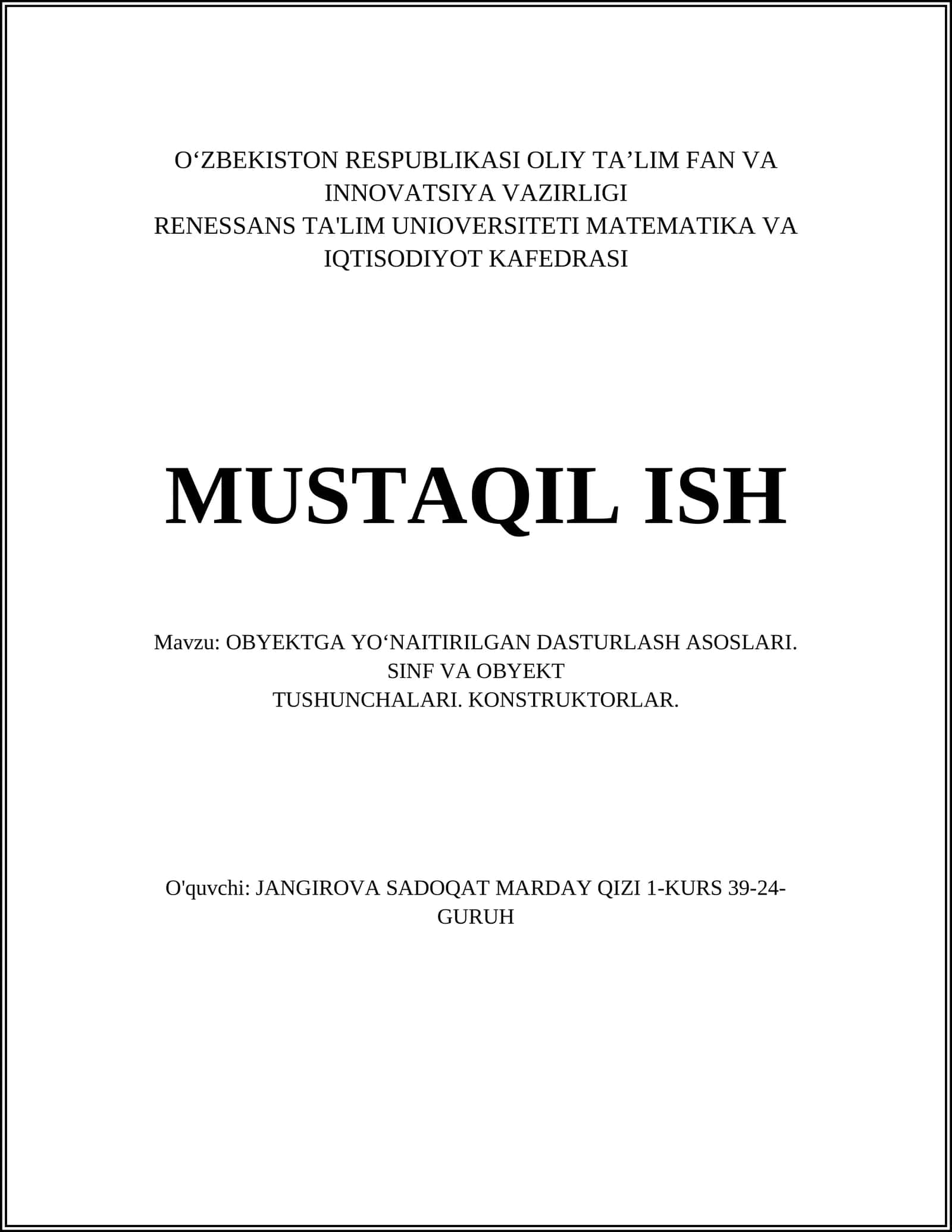 OBYEKTGA YO‘NAITIRILGAN DASTURLASH ASOSLARI 1