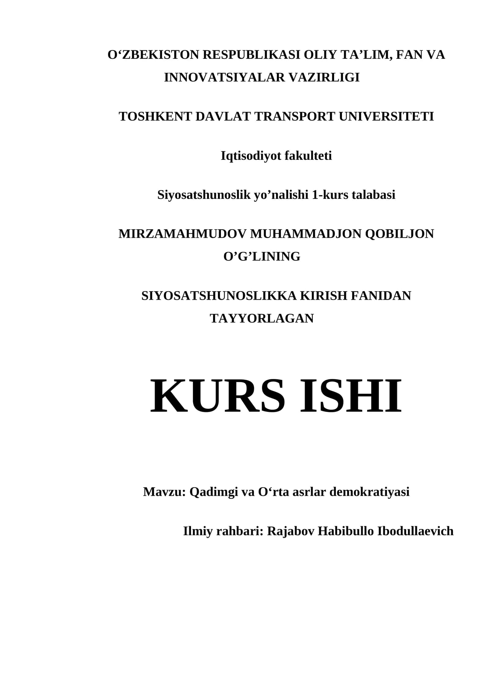 QADIMGI VA O‘RTA ASRLAR DEMOKRATIYASI MUNDARIJA 1