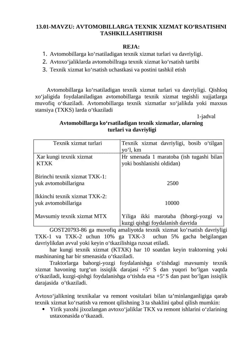AVTOMOBILLARGA TEXNIK XIZMAT KO‘RSATISHNI TASHKILLASHTIRISH 1