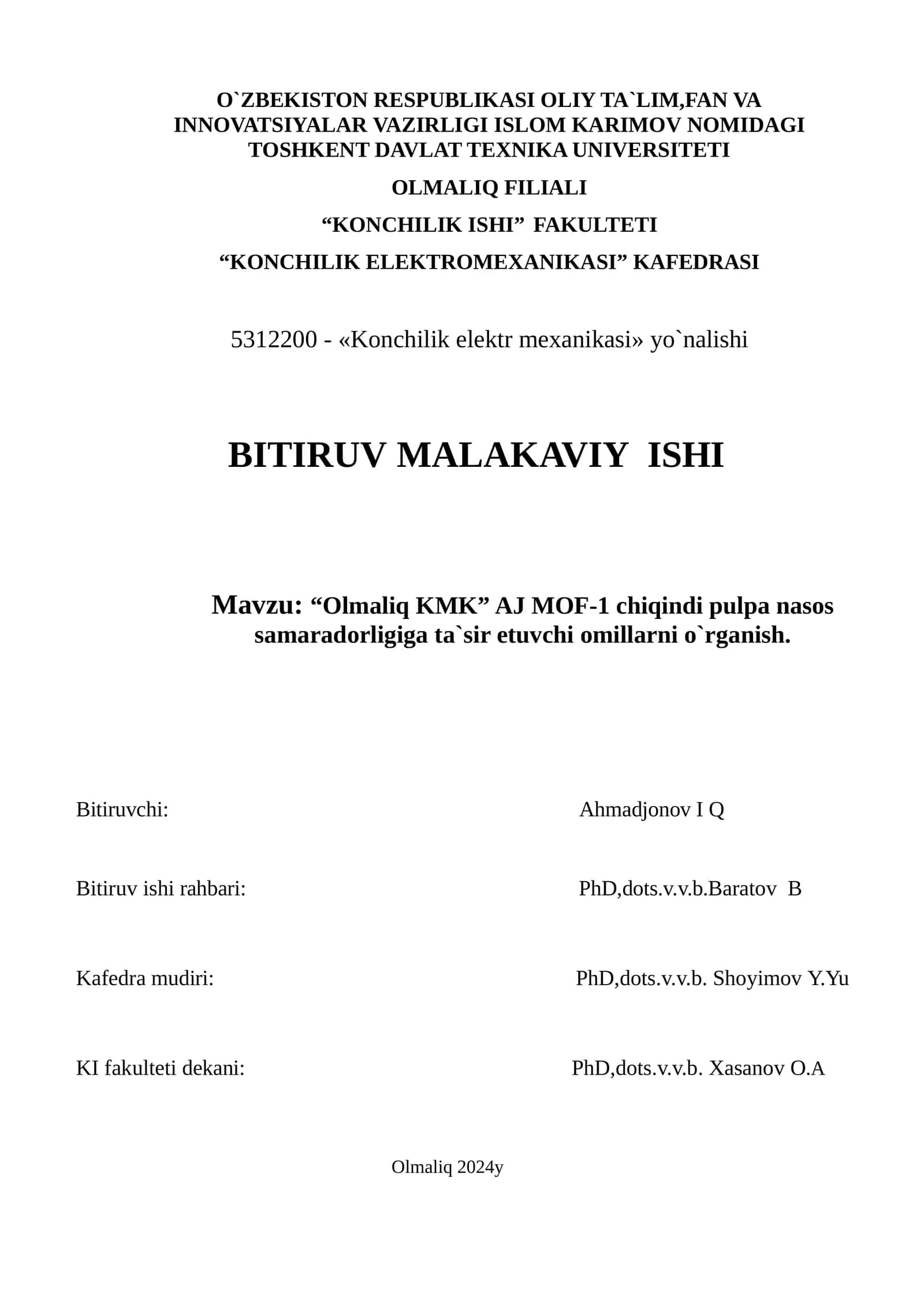 “Olmaliq KMK” AJ MOF-1 chiqindi pulpa nasos samaradorligiga ta`sir etuvchi omillarni o`rganish 1
