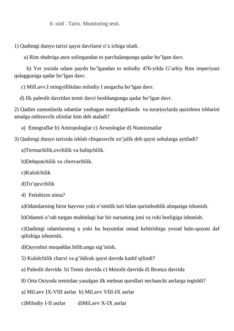 6 -sinf. Tarix. Monitoring testi. 1
