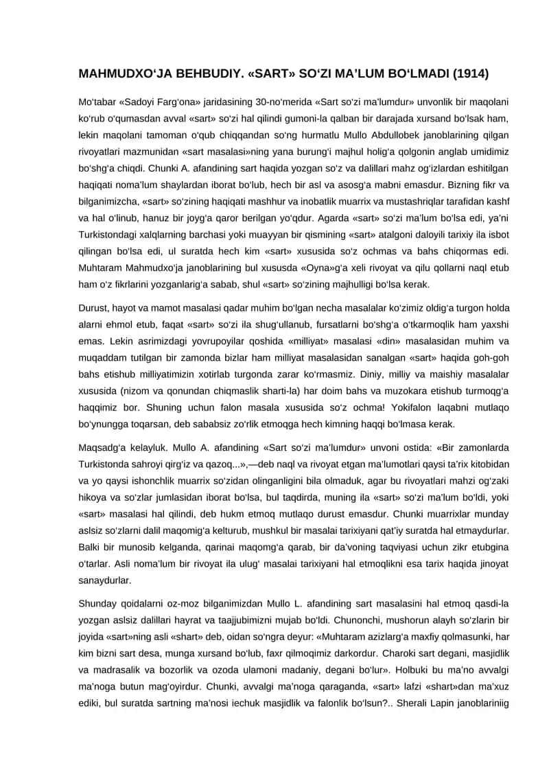 MAHMUDXO‘JA BEHBUDIY. «SART» SO‘ZI MA’LUM BO‘LMADI (1914) 1