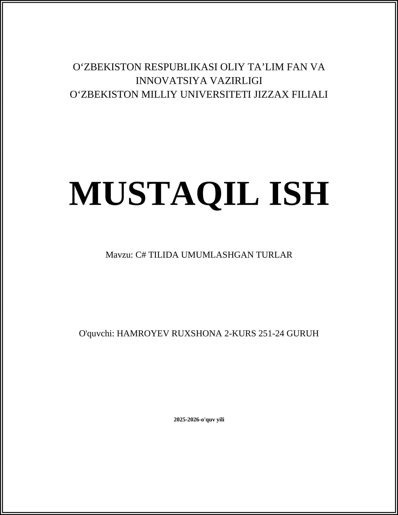 C# TILIDA UMUMLASHGAN TURLAR 1