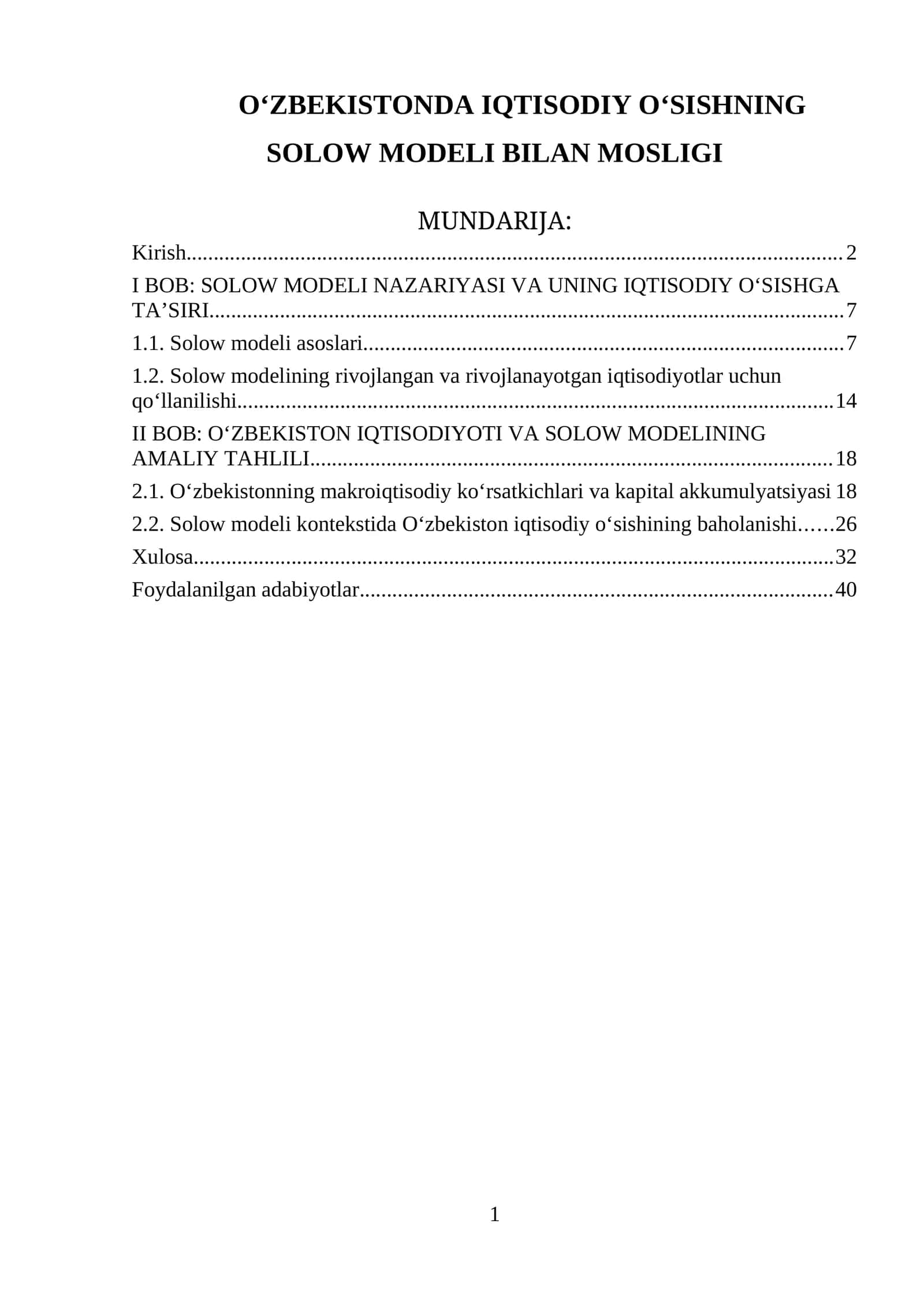 Solow O'sish Modeli bilan O'zbekistonda Iqtisodiy O'sishning Mosligi 1