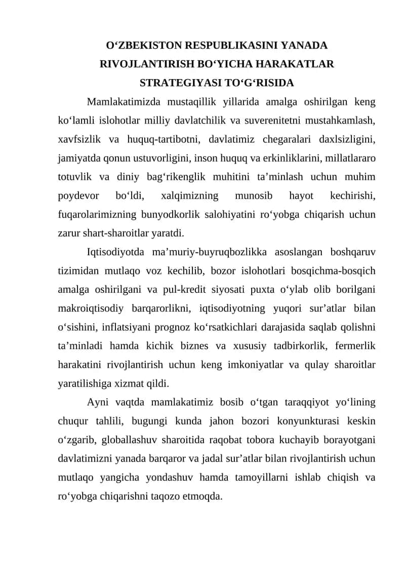 O‘zbekiston Respublikasini Yanada Rivojlantirish Bo‘yicha Harakatlar Strategiyasi 1