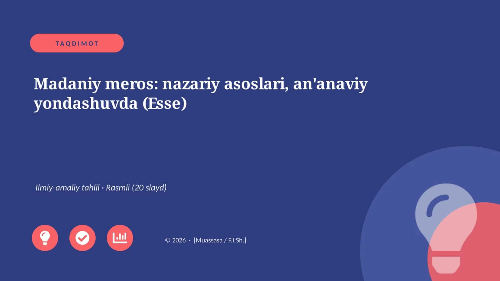 Madaniy meros: nazariy asoslari, an'anaviy yondashuvda (Esse) 1