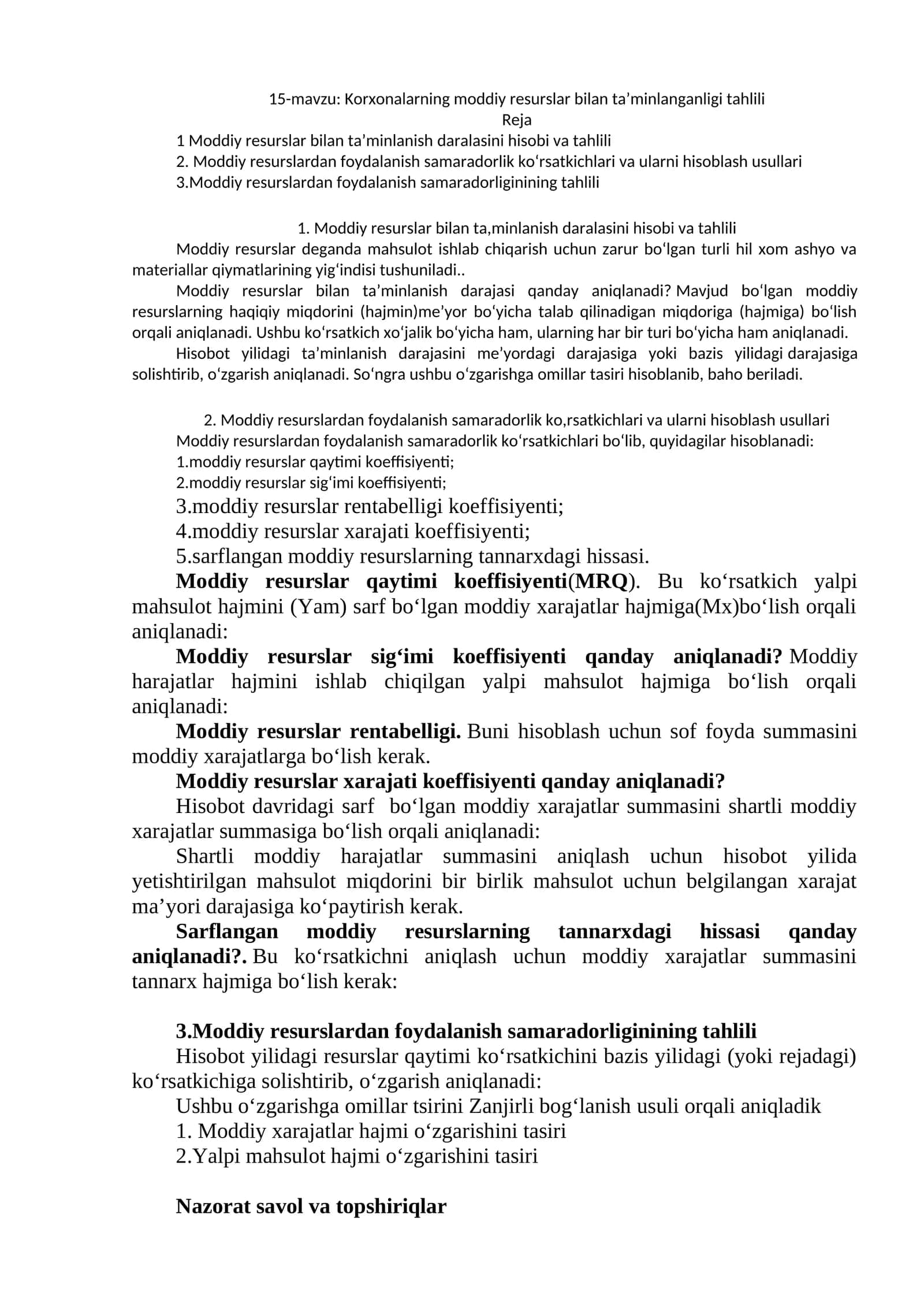 Korxonalarning moddiy resurslar bilan ta’minlanganligi tahlili 1
