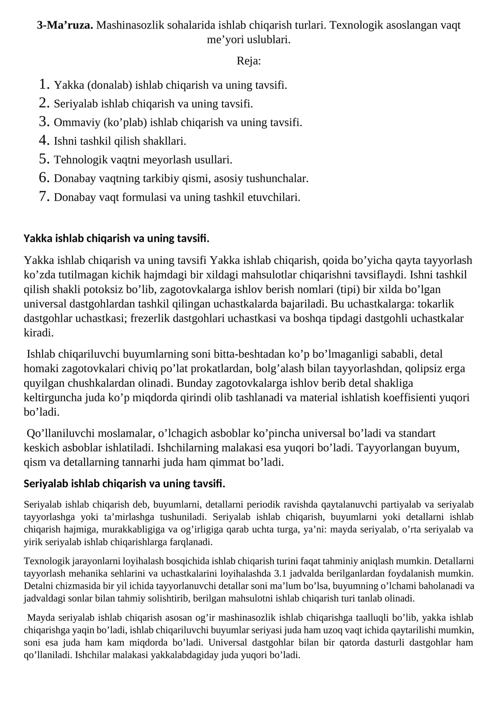 3-Ma’ruza. Mashinasozlik sohalarida ishlab chiqarish turlari. Texnologik asoslangan vaqt me’yori uslublari 1