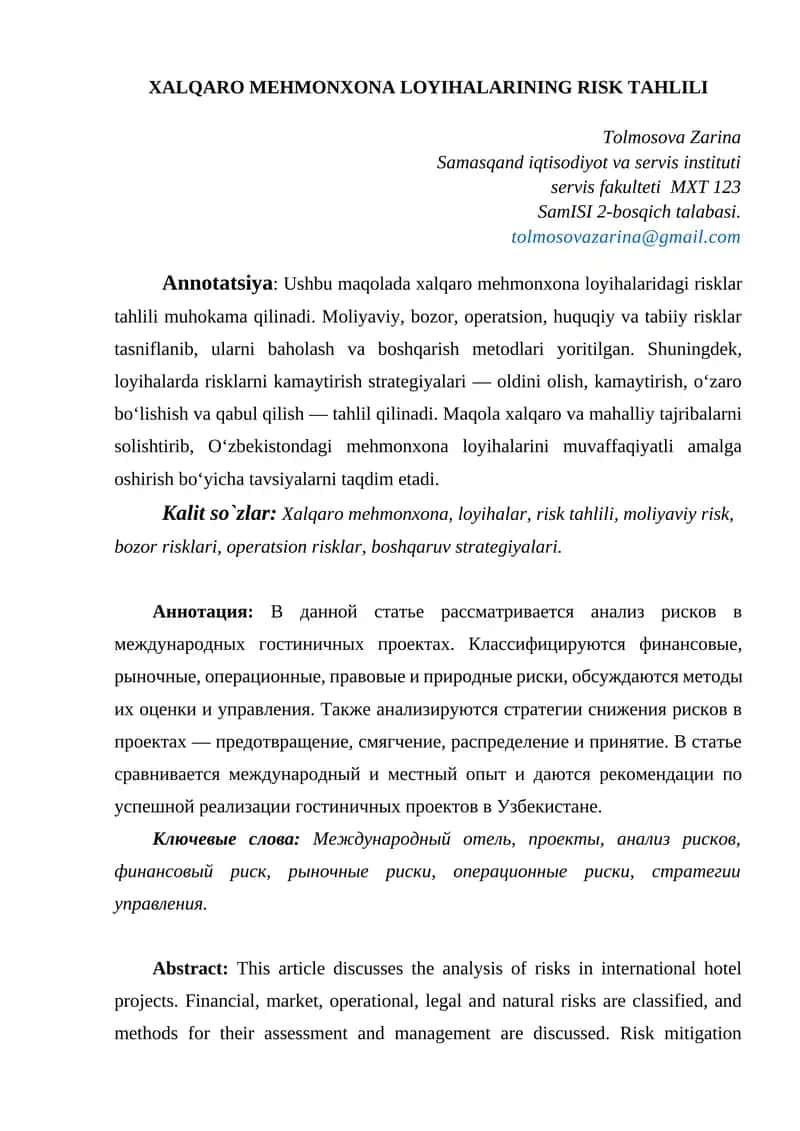 XALQARO MEHMONXONA LOYIHALARINING RISK TAHLILI 1