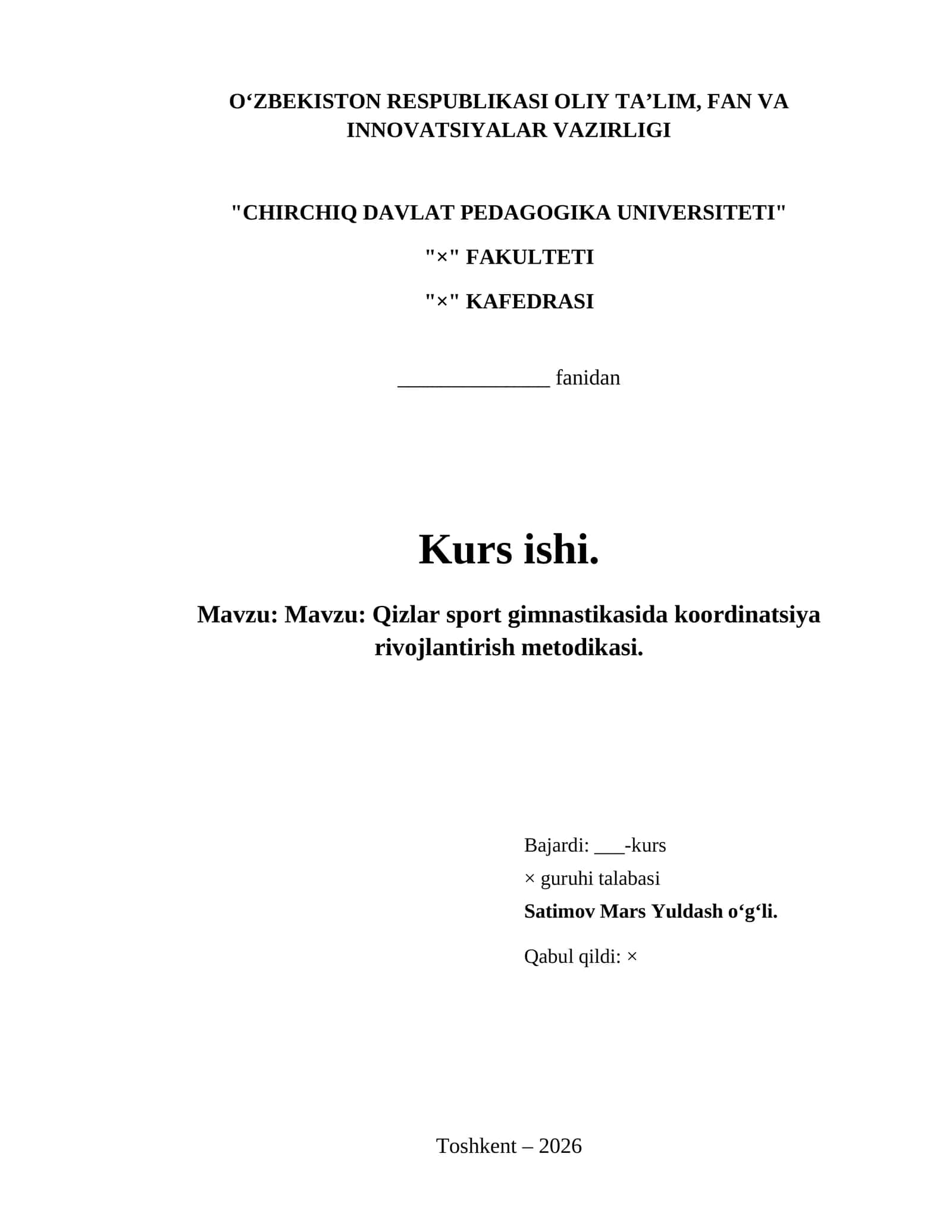 Mavzu: Qizlar sport gimnastikasida koordinatsiya rivojlantirish metodikasi. 1