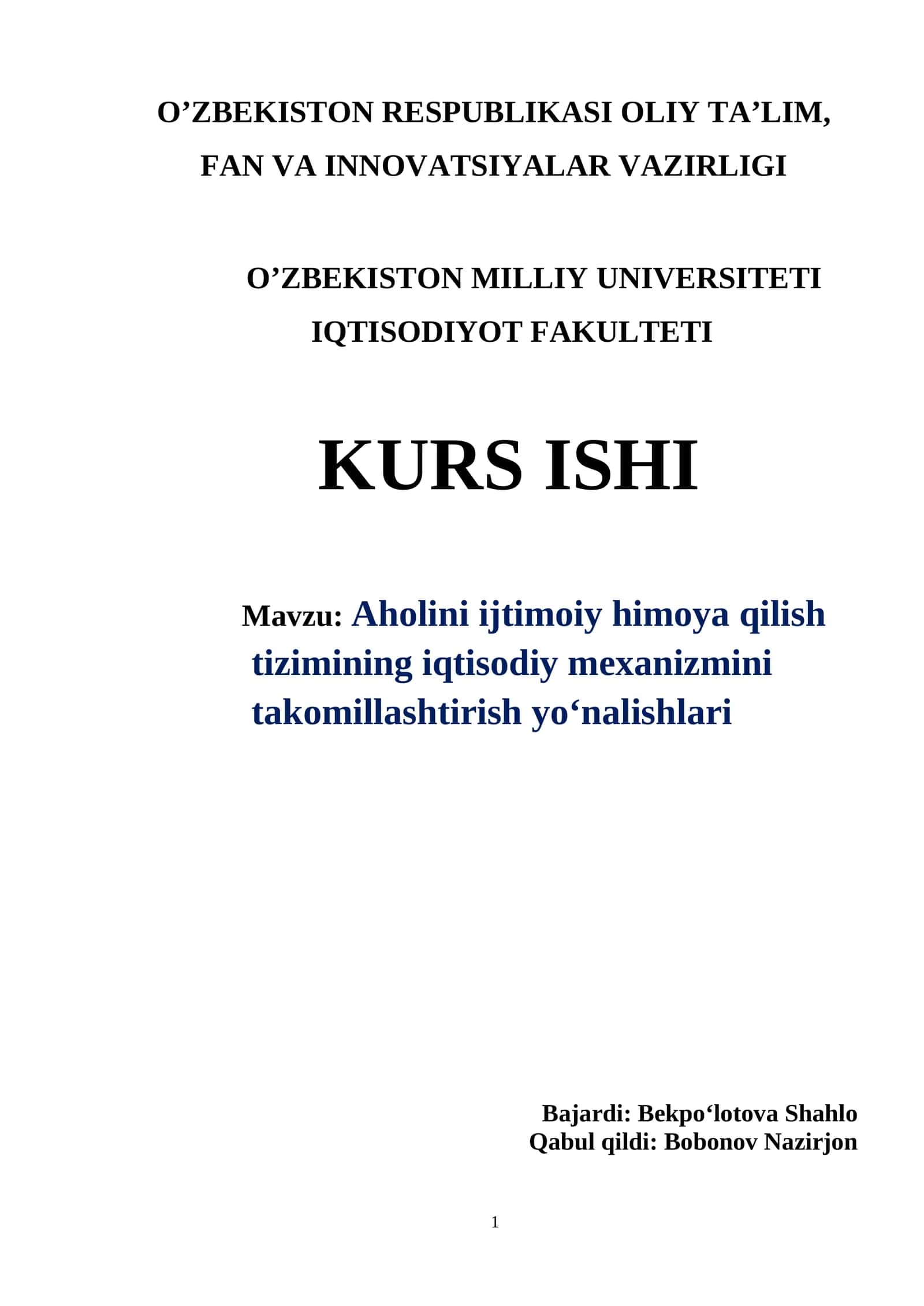 Aholini ijtimoiy himoya qilish tizimining iqtisodiy mexanizmini takomillashtirish yo‘nalishlari 1