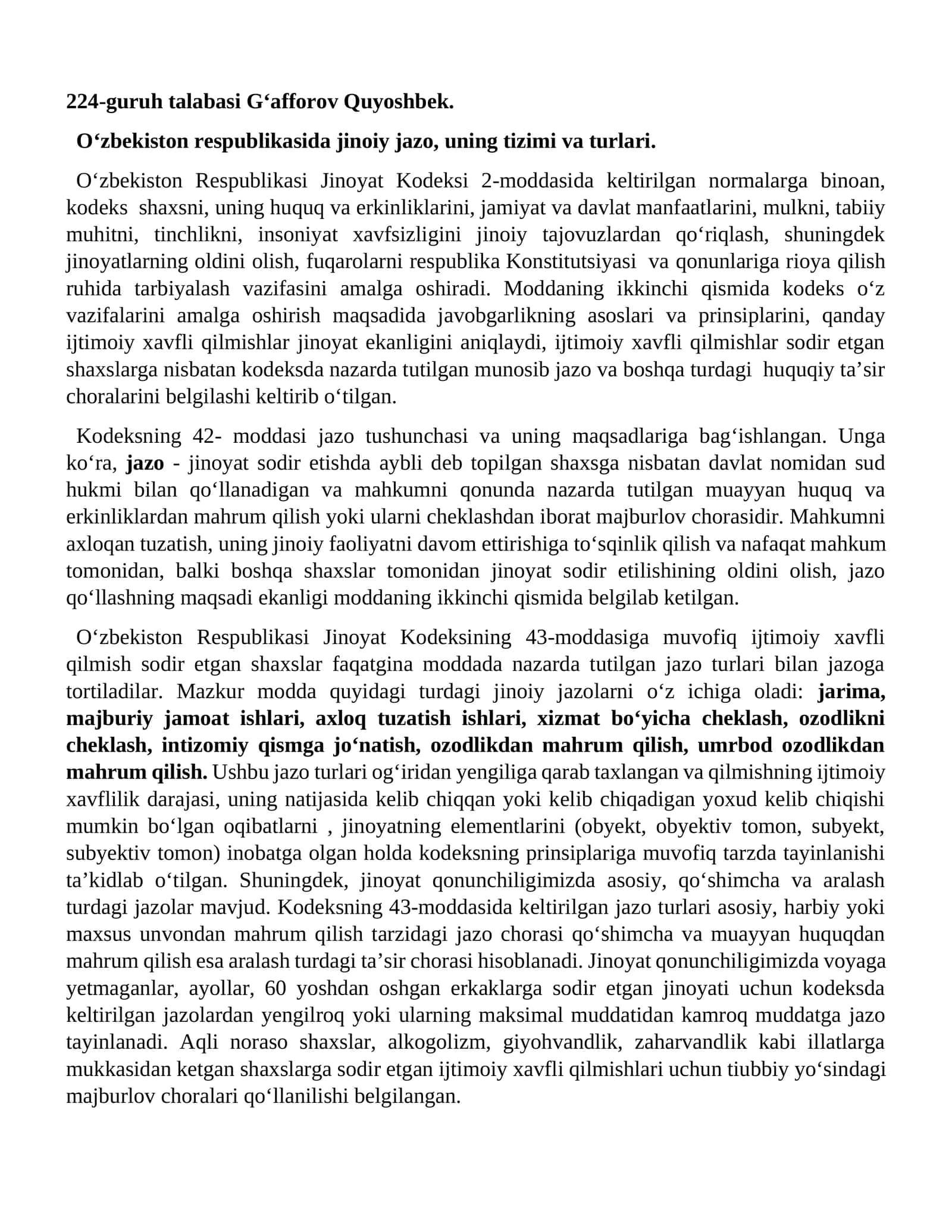 O‘zbekiston respublikasida jinoiy jazo, uning tizimi va turlari 1