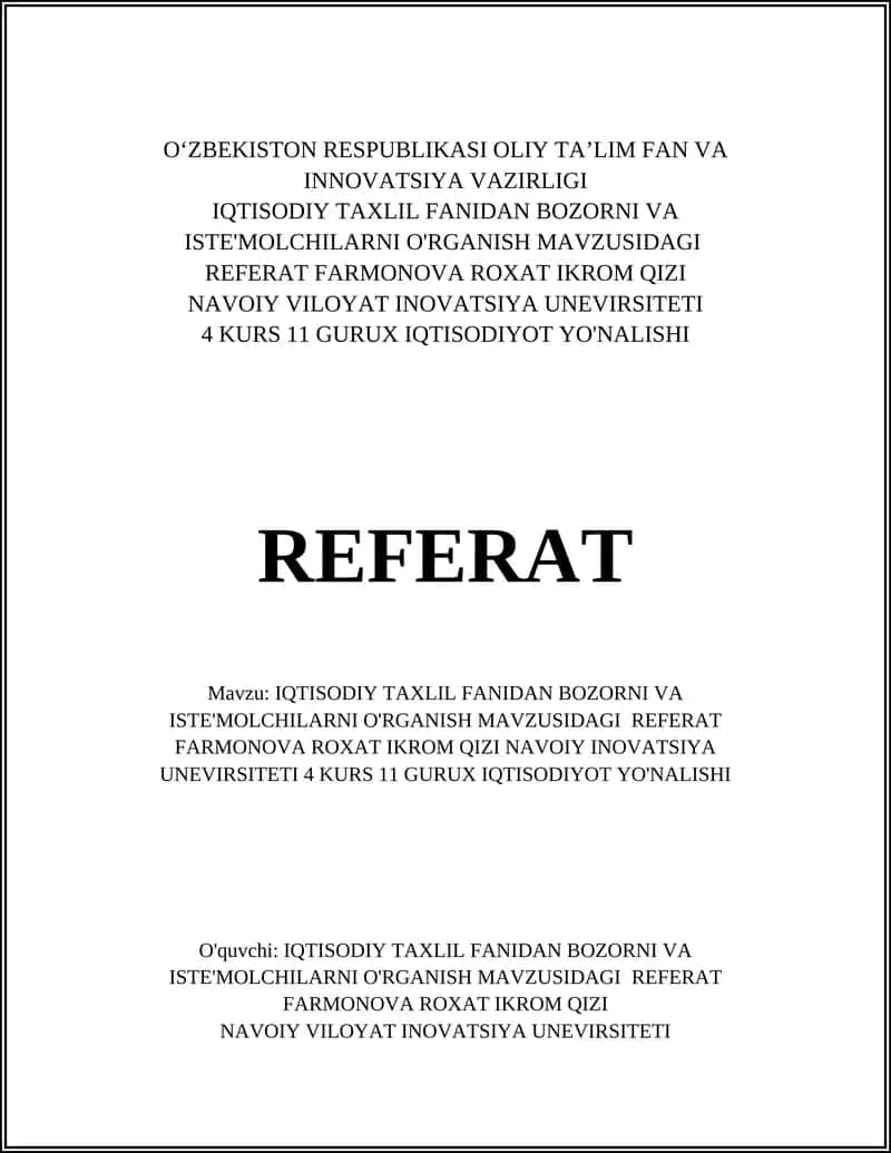IQTISODIY TAXLIL FANIDAN BOZORNI VA ISTE'MOLCHILARNI O'RGANISH MAVZUSIDAGI REFERAT 1