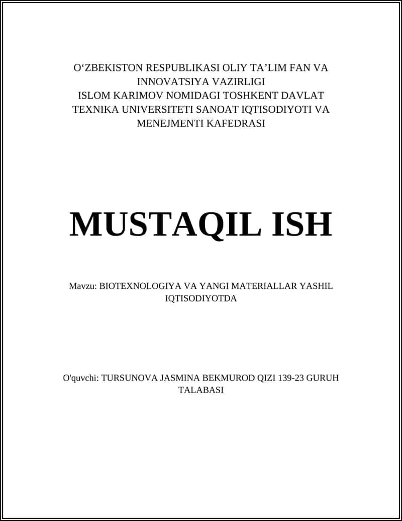 BIOTEXNOLOGIYA VA YANGI MATERIALLAR YASHIL IQTISODIYOTDA 1