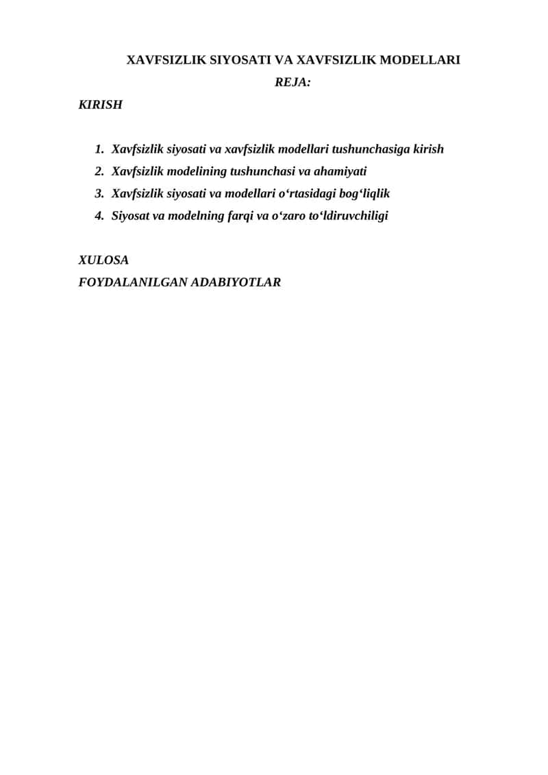 XAVFSIZLIK SIYOSATI VA XAVFSIZLIK MODELLARI 1