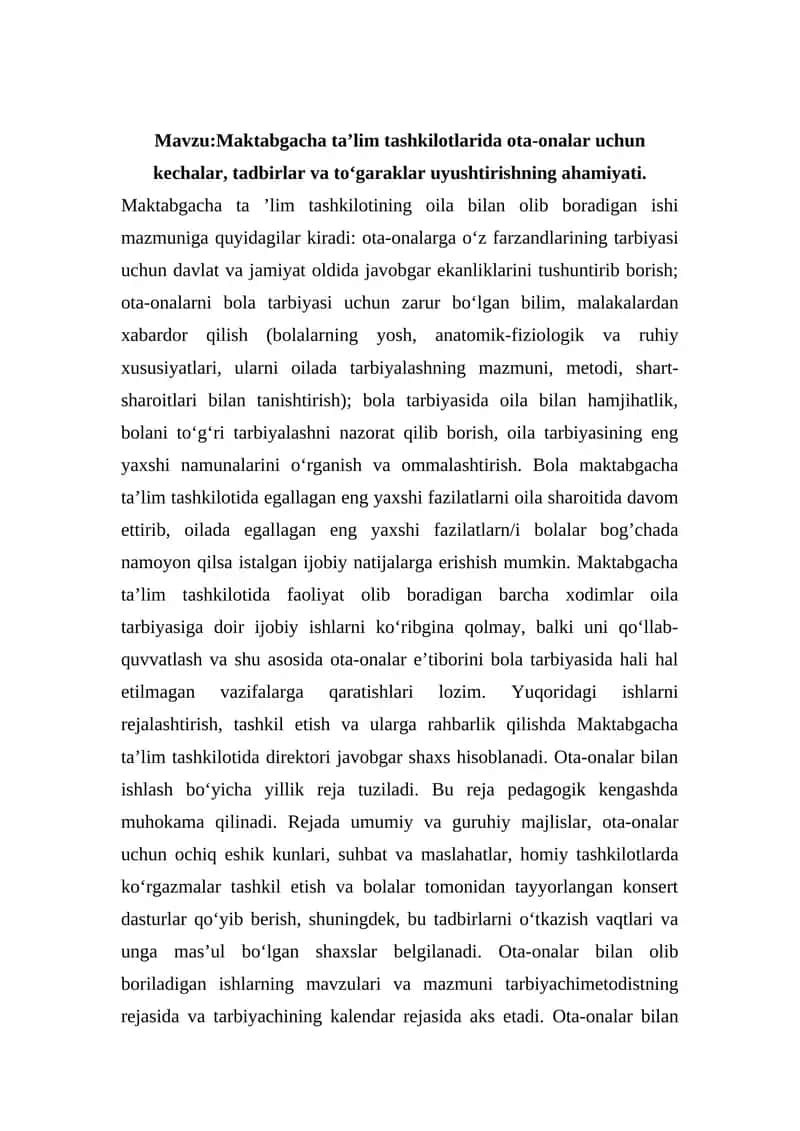 Maktabgacha ta’lim tashkilotlarida ota-onalar uchun kechalar, tadbirlar va 1