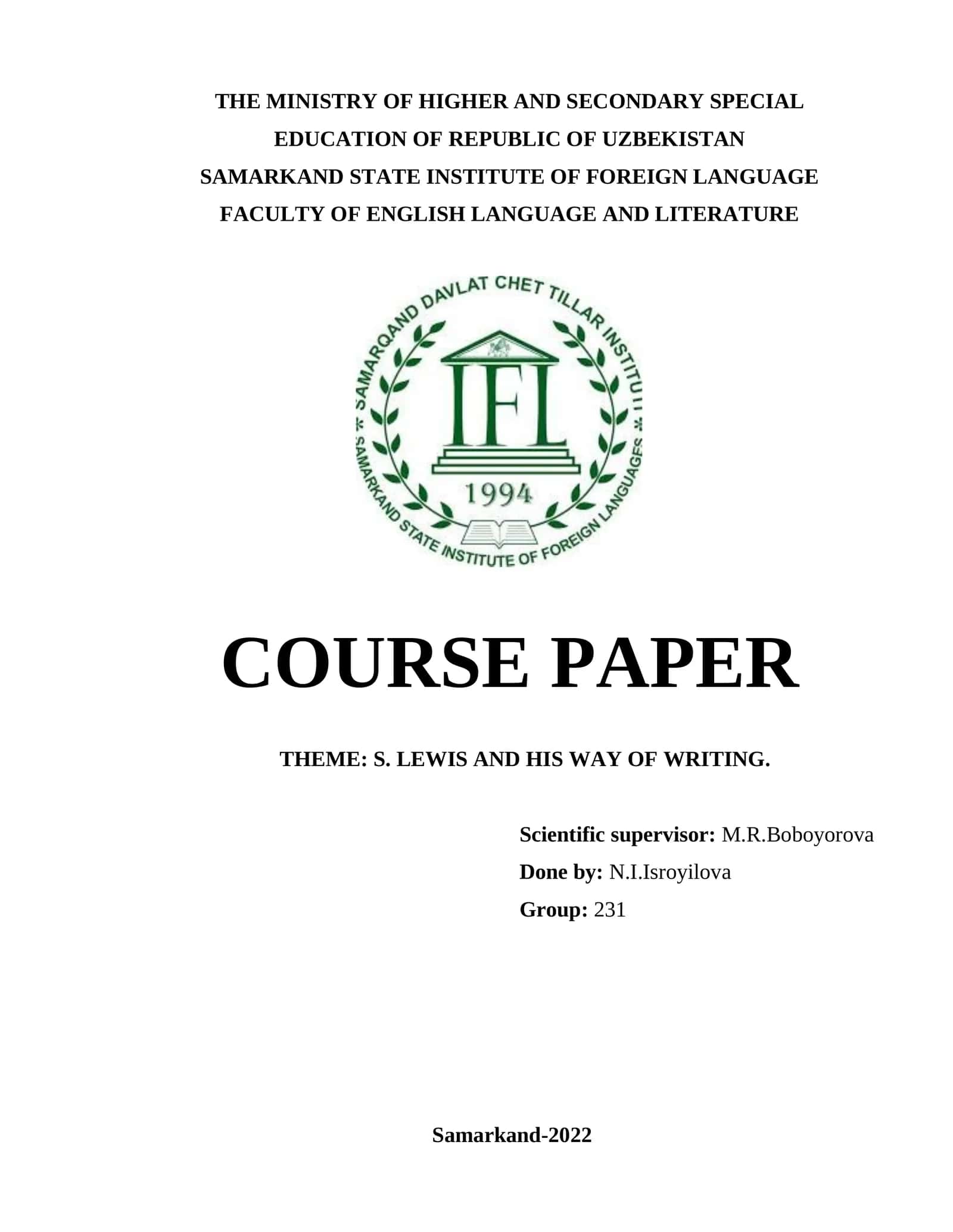 COURSE PAPER: S. LEWIS AND HIS WAY OF WRITING 1
