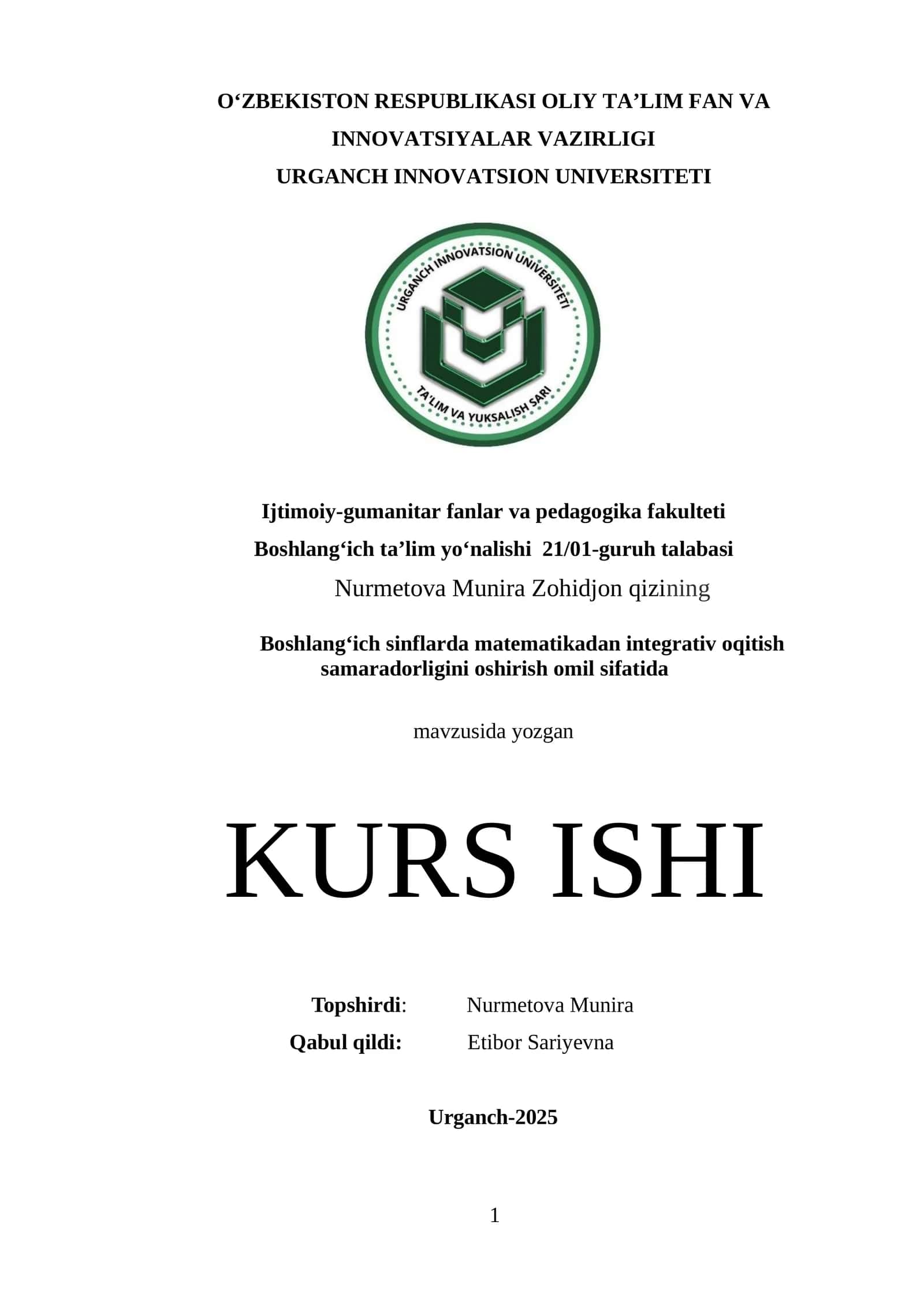 Boshlang‘ich sinflarda matematikadan integrativ oqitish samaradorligini oshirish omil sifatida 1