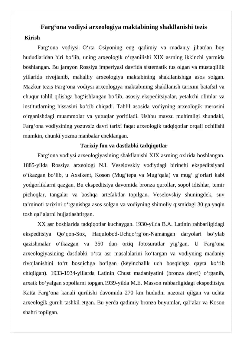 Farg‘ona vodiysi arxeologiya maktabining shakllanishi tezis 1