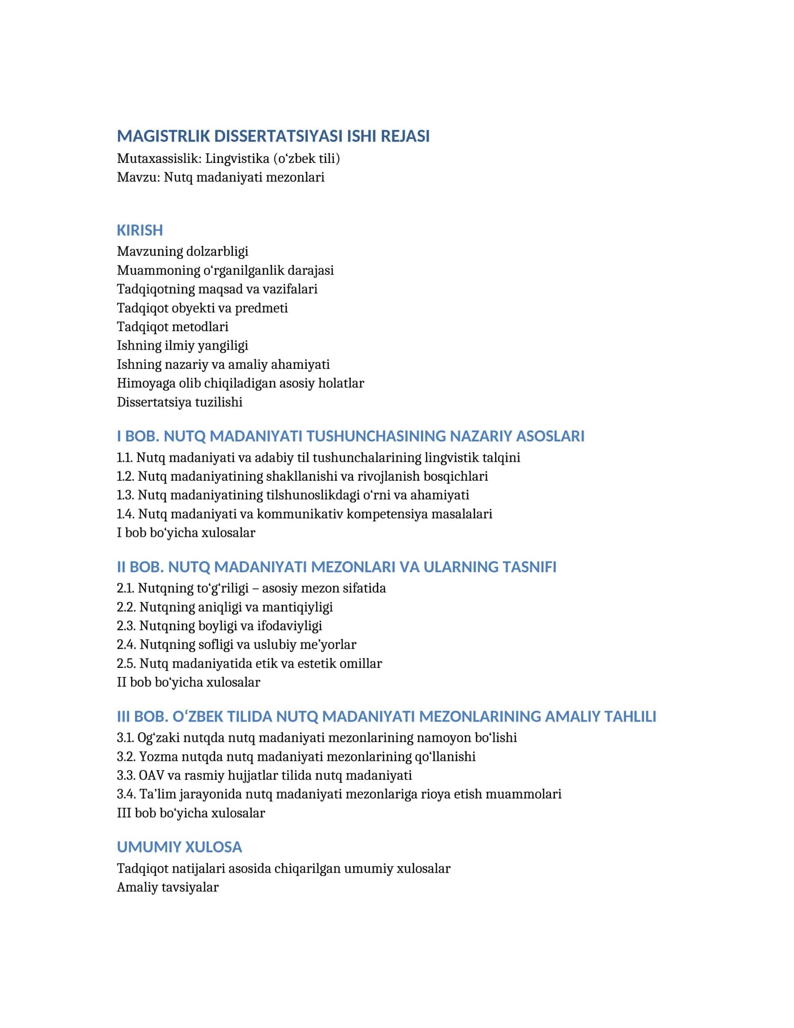 MAGISTRLIK DISSERTATSIYASI ISHI REJASI 1