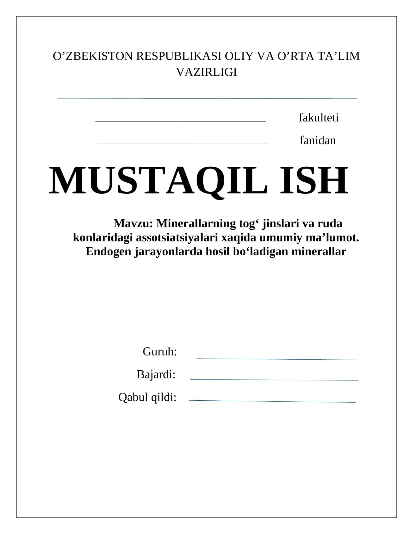 minerallarning tog' jinslari va ruda konlaridagi assotsiatsiyalari haqida malumot.Endogen jarayonlar 1
