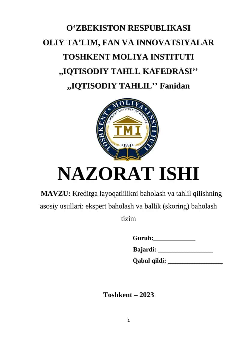 Kreditga layoqatlilikni baholash va tahlil qilishning asosiy usullari 1
