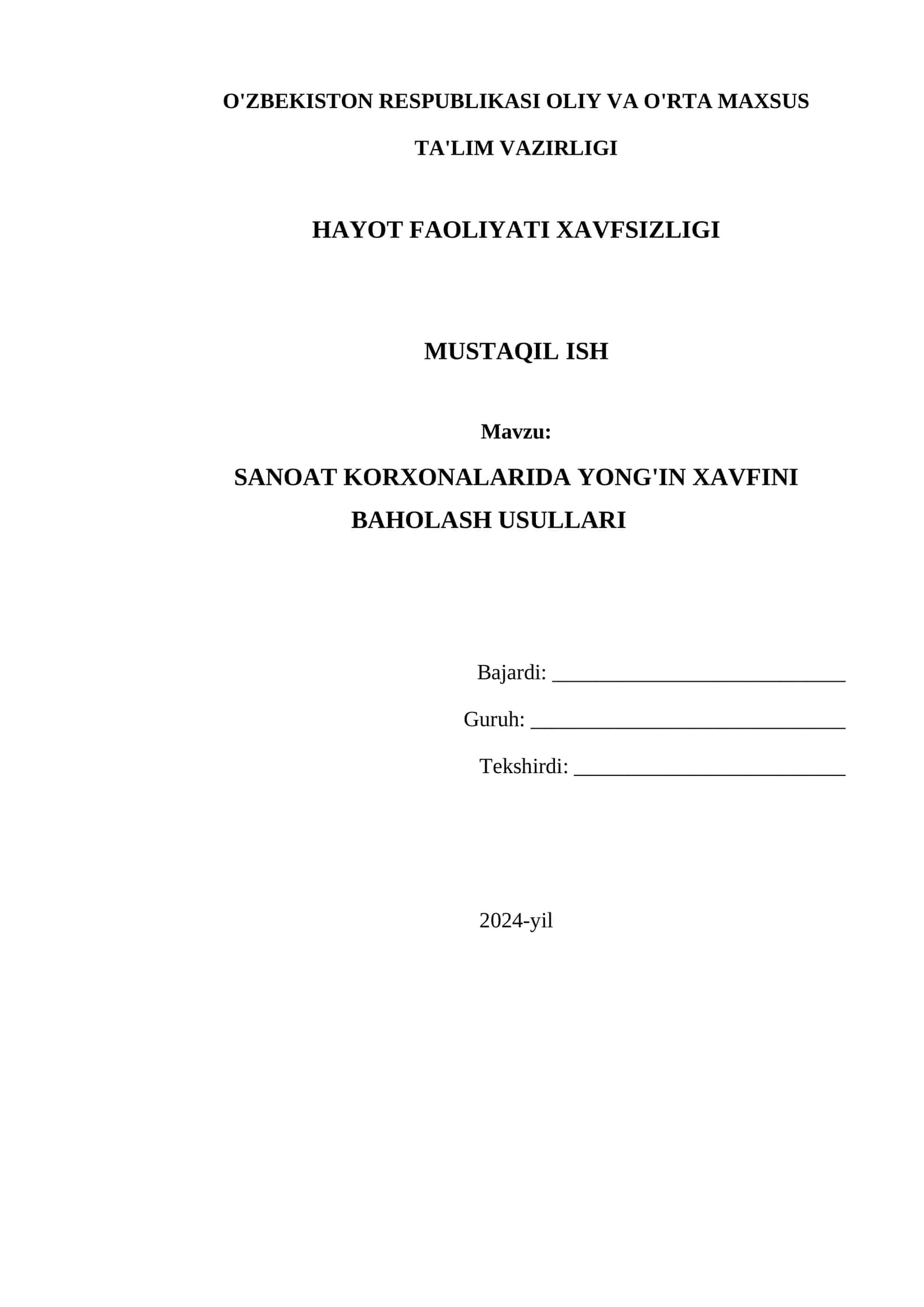 SANOAT KORXONALARIDA YONG'IN XAVFINI BAHOLASH USULLARI 1