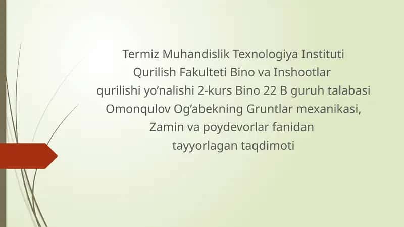 Mavzu: Bog’lanishli gruntning siljishga qarshi mustahkamligini aniqlashga oid usullar 1