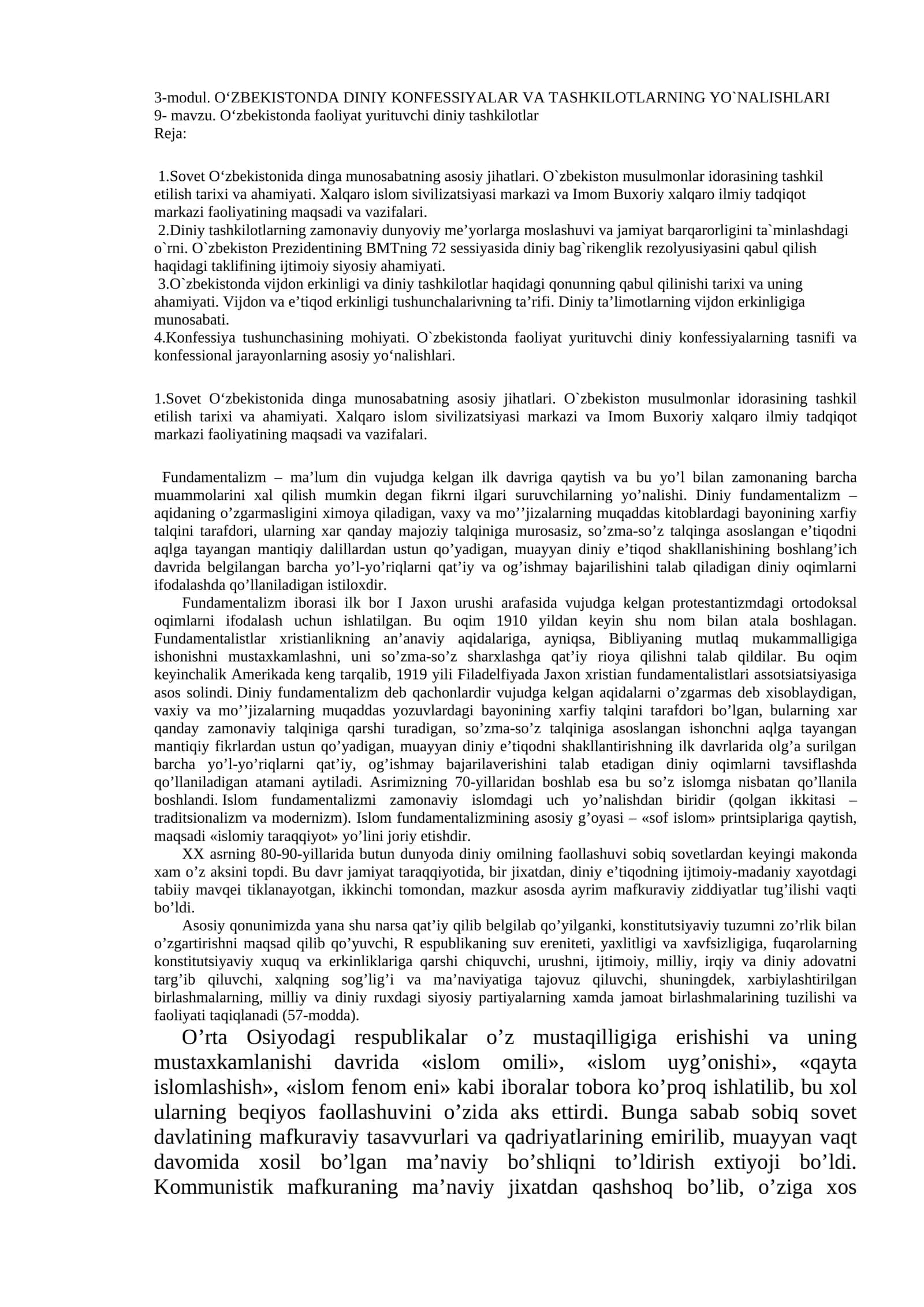 O‘ZBEKISTONDA DINIY KONFESSIYALAR VA TASHKILOTLARNING YO`NALISHLARI 1
