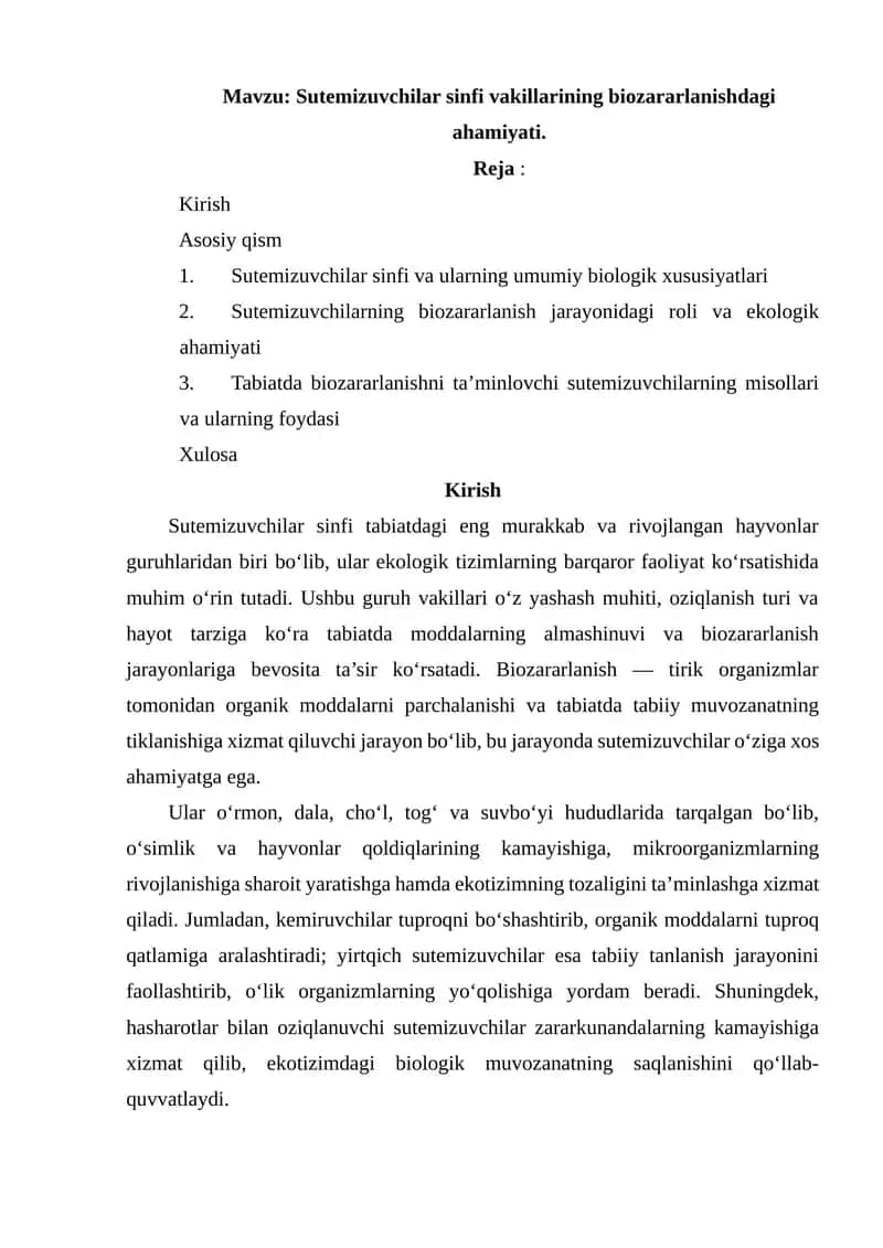 Sutemizuvchilar sinfi vakillarining biozararlanishdagi ahmiyati 1
