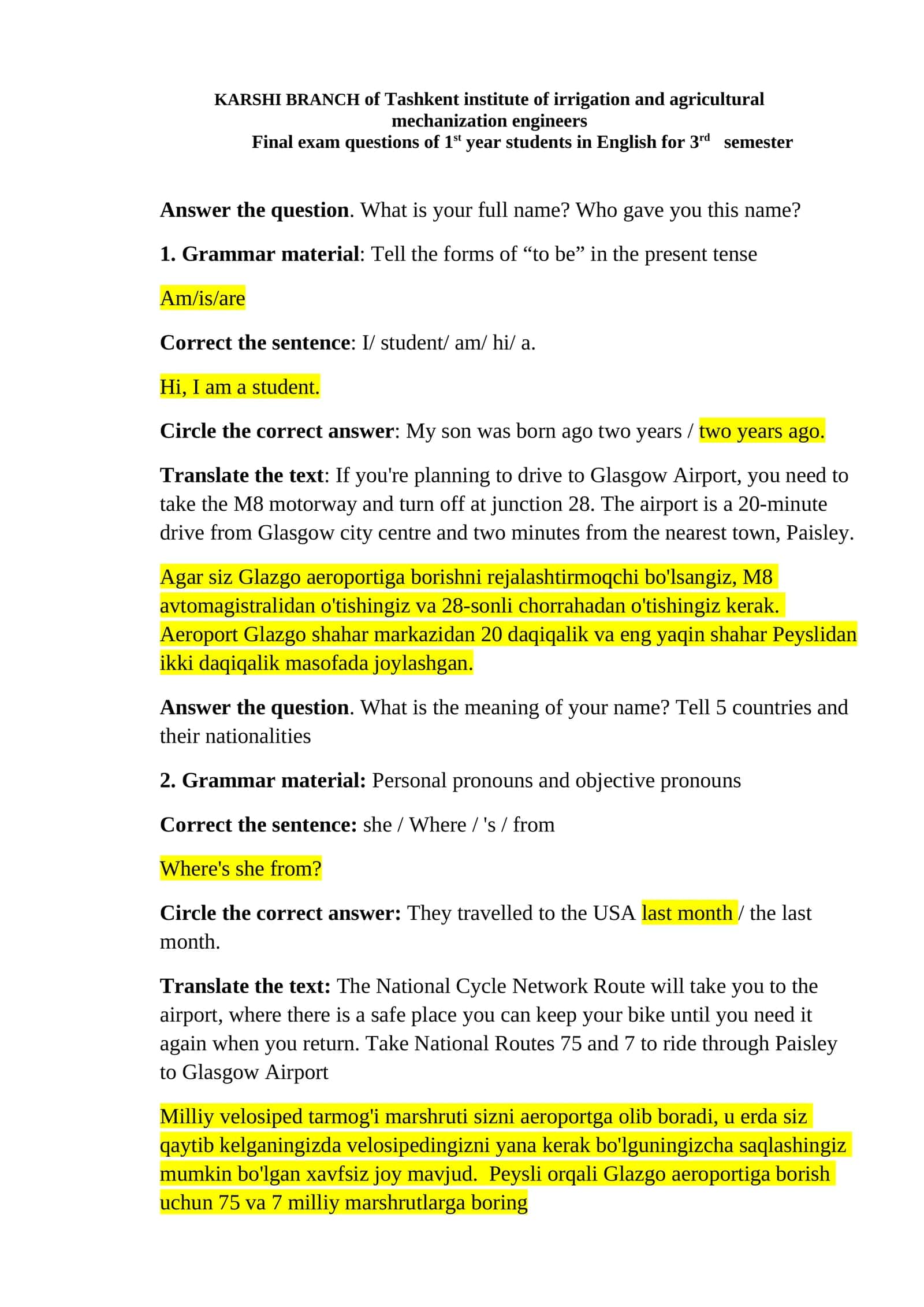Final exam questions of 1st year students in English for 3rd semester 1
