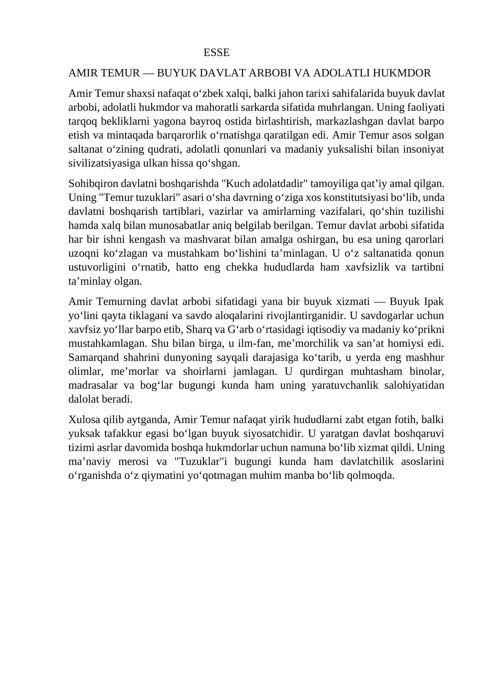 ESSE AMIR TEMUR — BUYUK DAVLAT ARBOBI VA ADOLATLI HUKMDOR 1