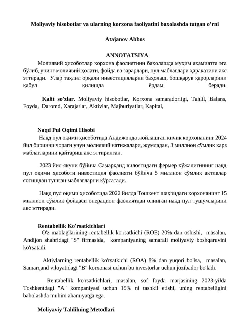 Moliyaviy hisobotlar va ularning korxona faoliyatini baxolashda tutgan o’rni 1