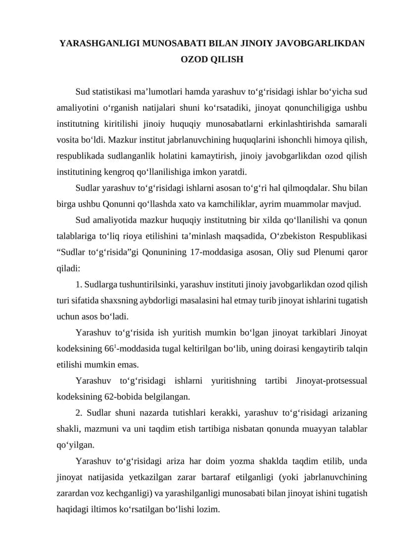 Yarashganligi Munosabati Bilan Jinoyiy Javobgarlikdan Ozod Qilish 1
