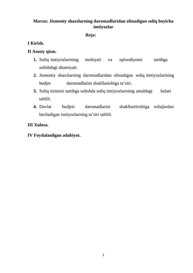 Soliq imtiyozlarining amaldagi holati tahlili 1