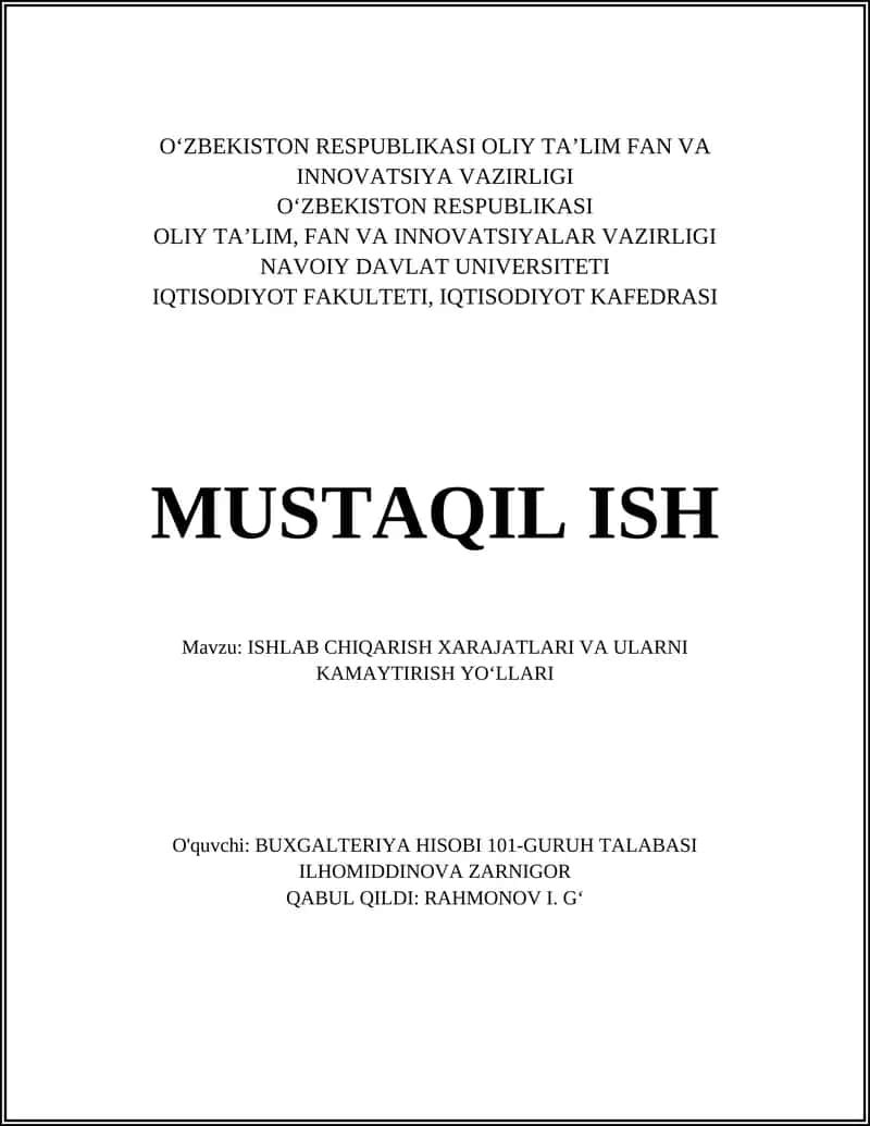 ISHLAB CHIQARISH XARAJATLARI VA ULARNI KAMAYTIRISH YOʻLLARI 1