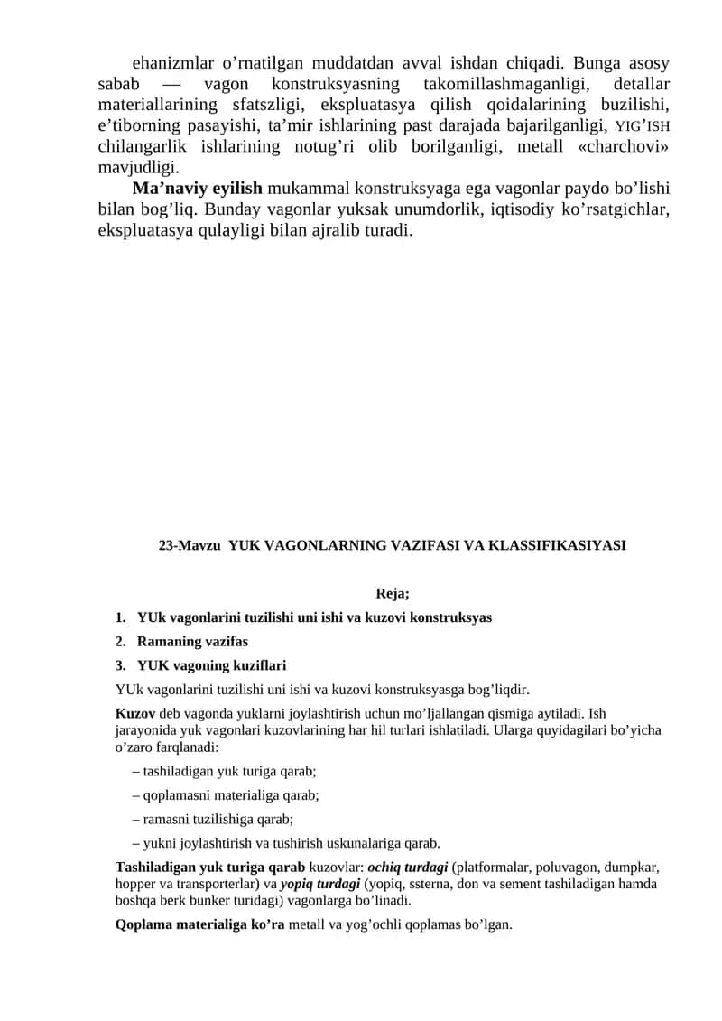 Yuk vagonlarning vazifasi va klassifikasiyasi 1