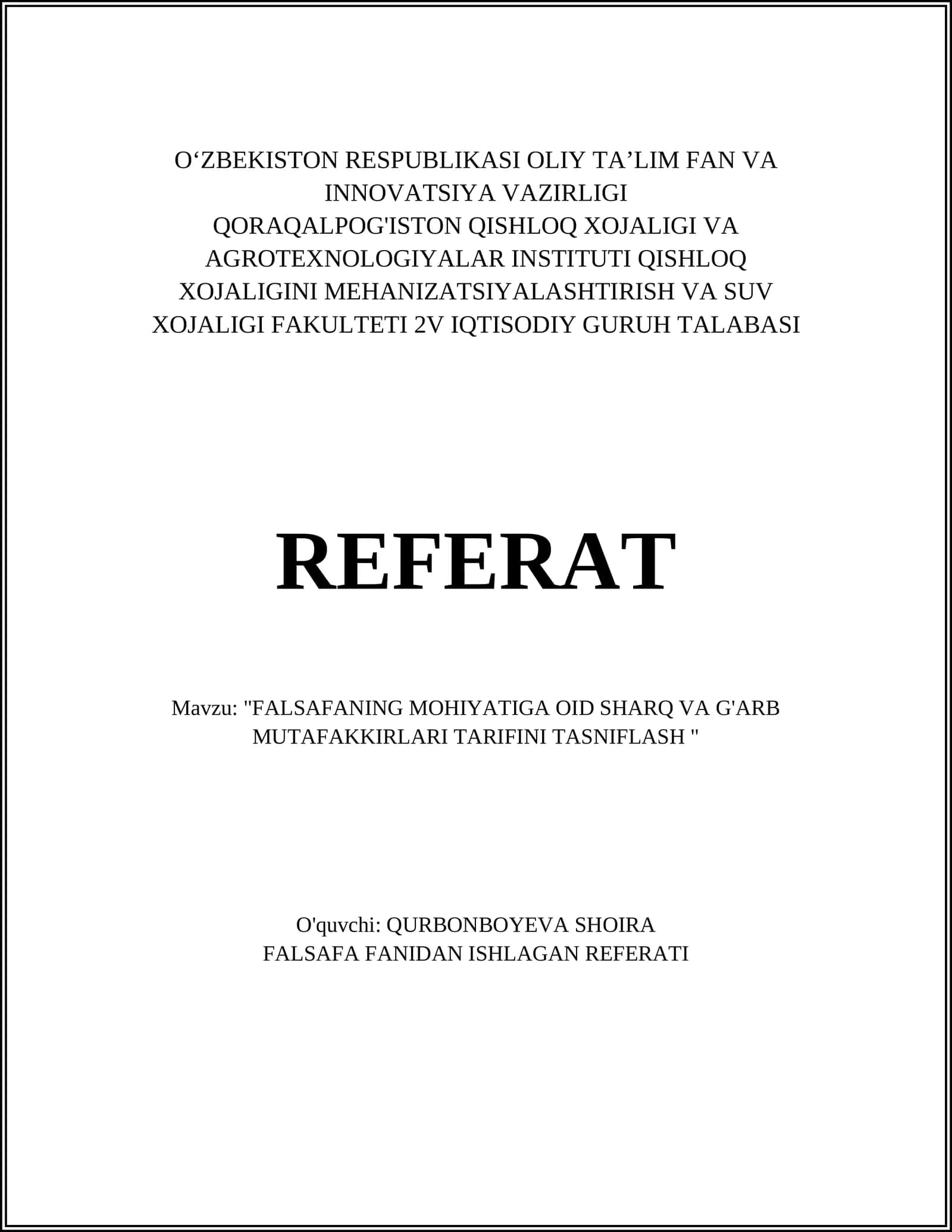 FALSAFANING MOHIYATIGA OID SHARQ VA G'ARB MUTAFAKKIRLARI TARIFINI TASNIFLASH 1