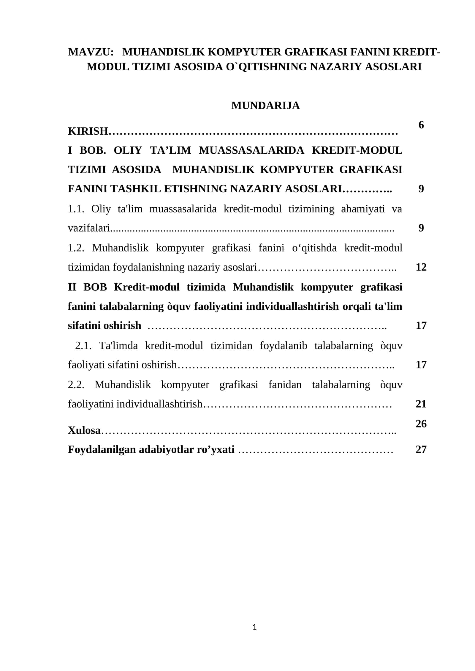MUHANDISLIK KOMPYUTER GRAFIKASI FANINI KREDIT-MODUL TIZIMI ASOSIDA O`QITISHNING NAZARIY ASOSLARI 1